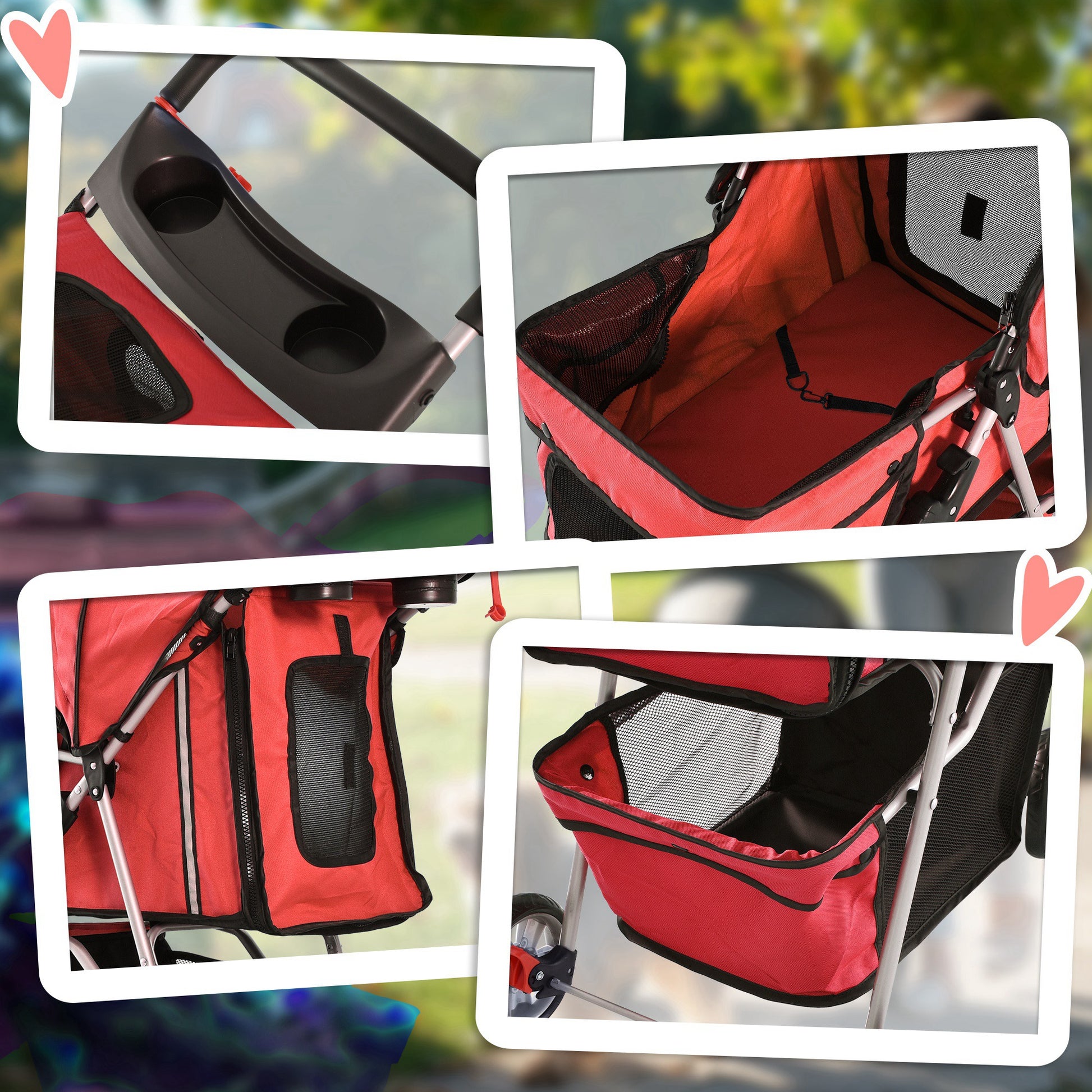 Pawhut Carrito Para Perros Plegable Con Toldo Ajustable 75x45x97 Cm Rojo_3