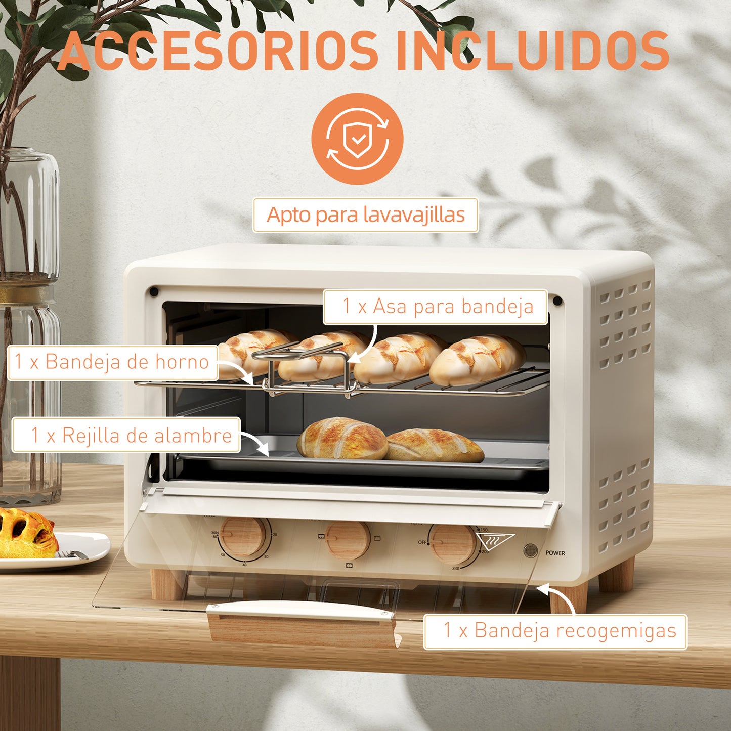 Homcom Horno Eléctrico De Sobremesa De 16l 1400w Con Temporizador Crema_5
