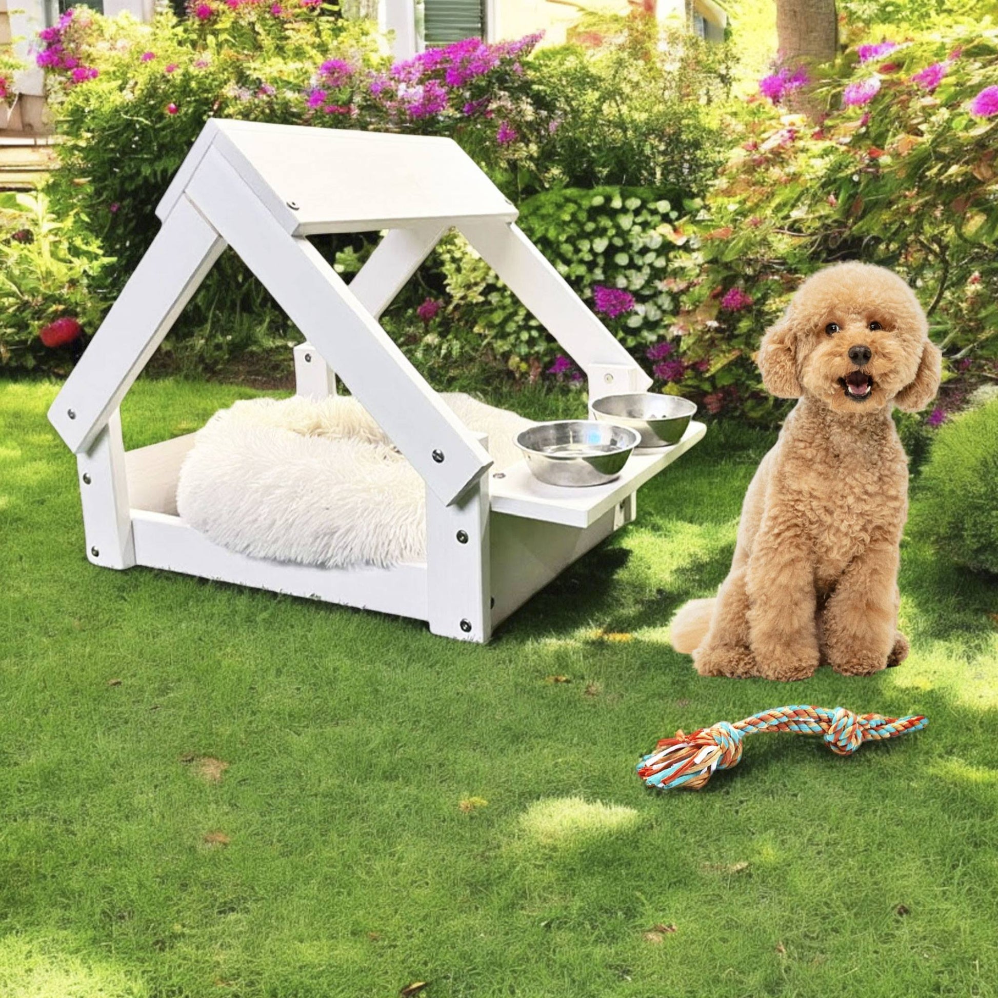 Well Home Caseta Para Perros De Interior, Estructura De Madera Con Soporte Para Cuencos Color Blanco_2