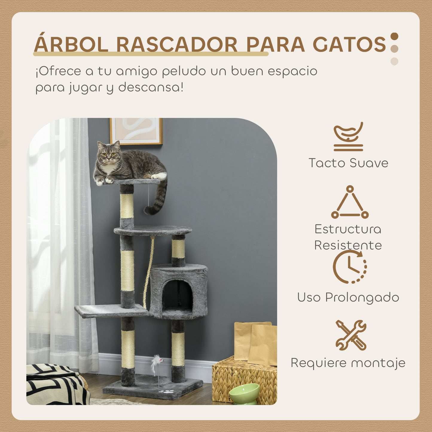 Pawhut Rascador Para Gatos Altura 116cm Con Postes De Sisal Cueva Y Plataformas_3