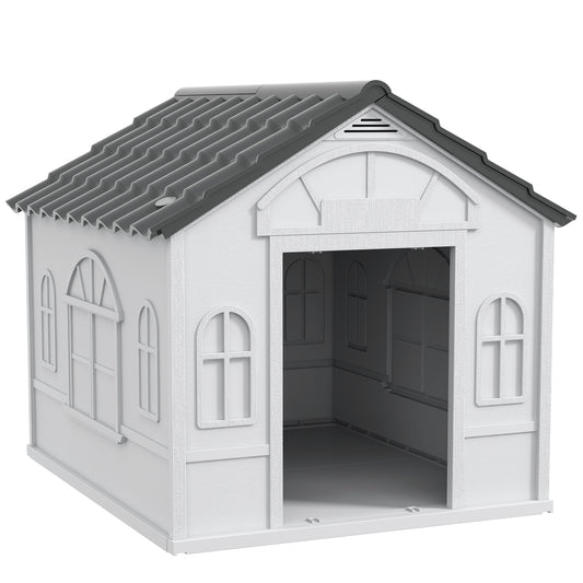 Pawhut Caseta Para Perros Exterior Con Techo De Tejas De Imitación Gris Y Blanco_0