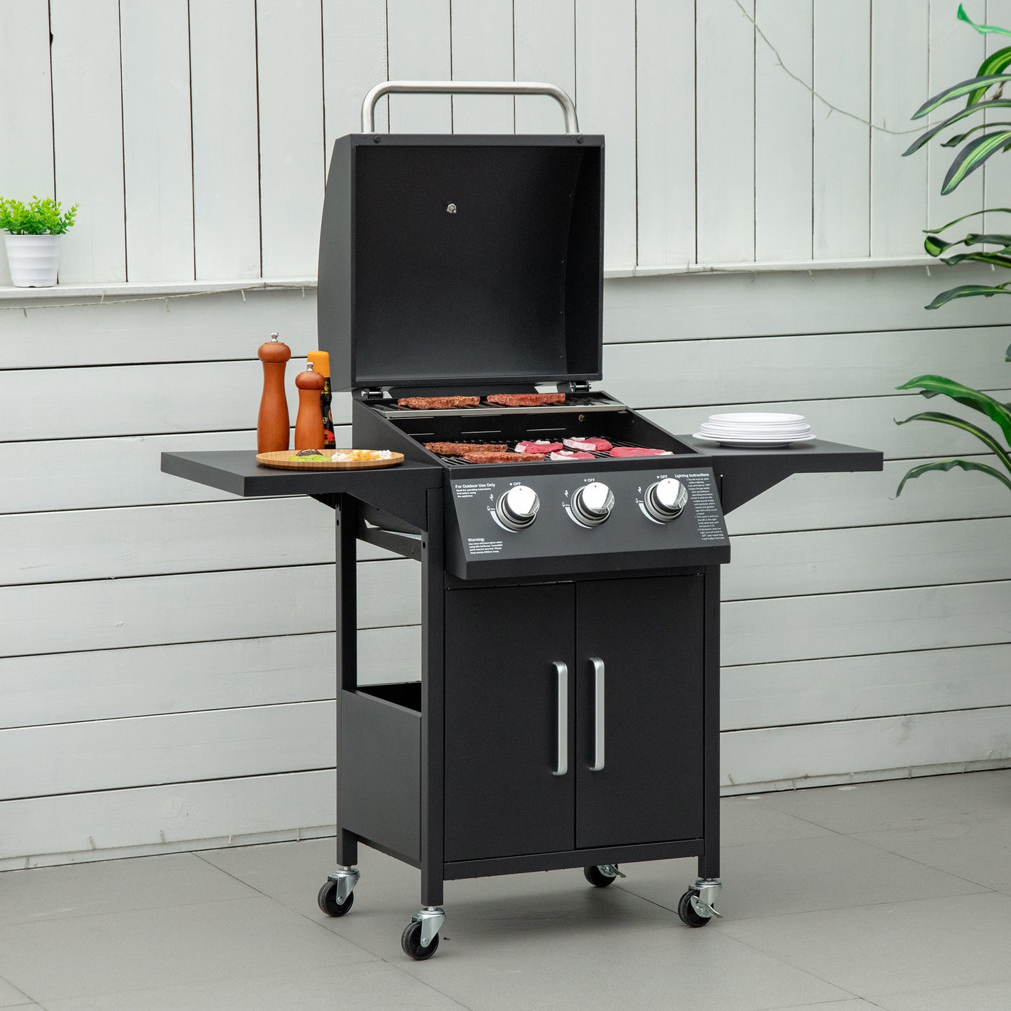 Outsunny Barbacoa De Gas Bbq Con 3 Quemadores 2 Mesas Laterales Armario 4 Ruedas_1