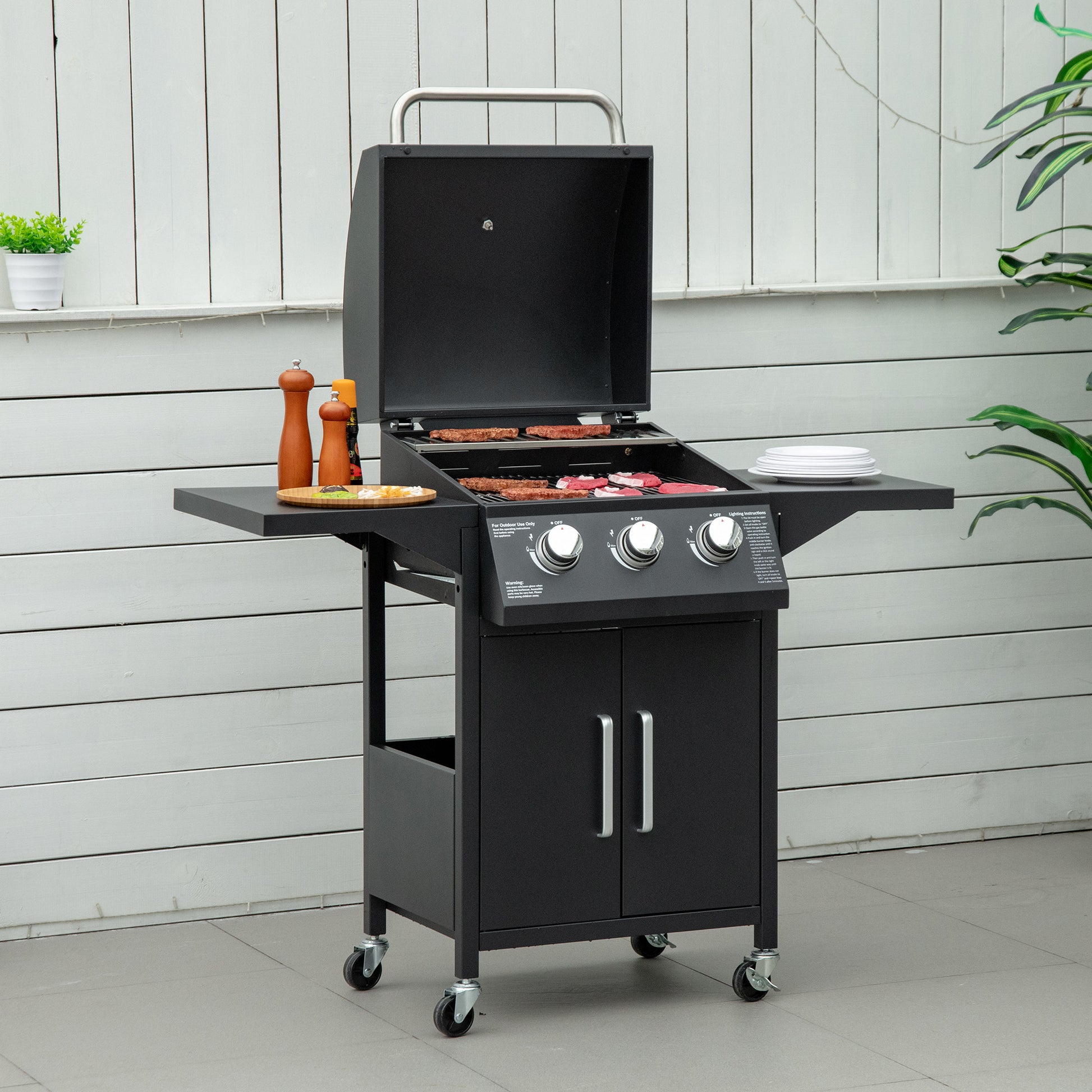 Outsunny Barbacoa De Gas Bbq Con 3 Quemadores 2 Mesas Laterales Armario 4 Ruedas_1