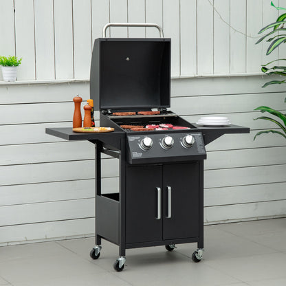 Outsunny Barbacoa De Gas Bbq Con 3 Quemadores 2 Mesas Laterales Armario 4 Ruedas_1