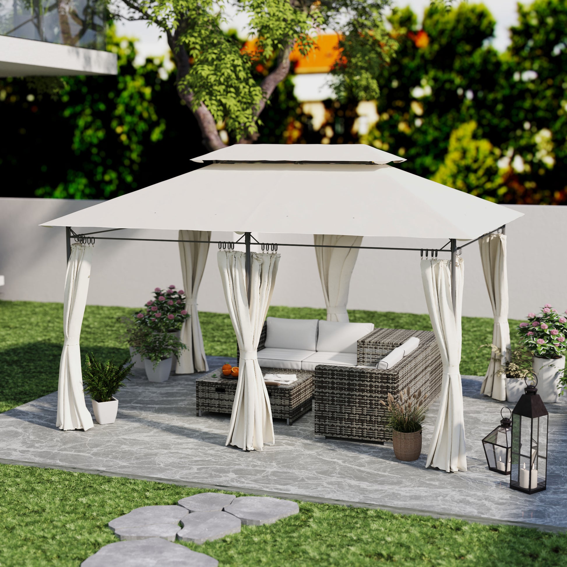Outsunny Cenador Para Jardín 4x3 M Con Doble Techo Paredes Laterales Crema_3