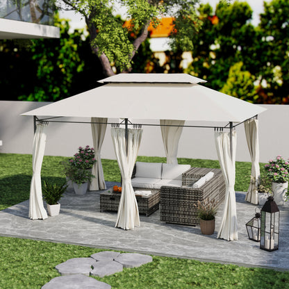 Outsunny Cenador Para Jardín 4x3 M Con Doble Techo Paredes Laterales Crema_3