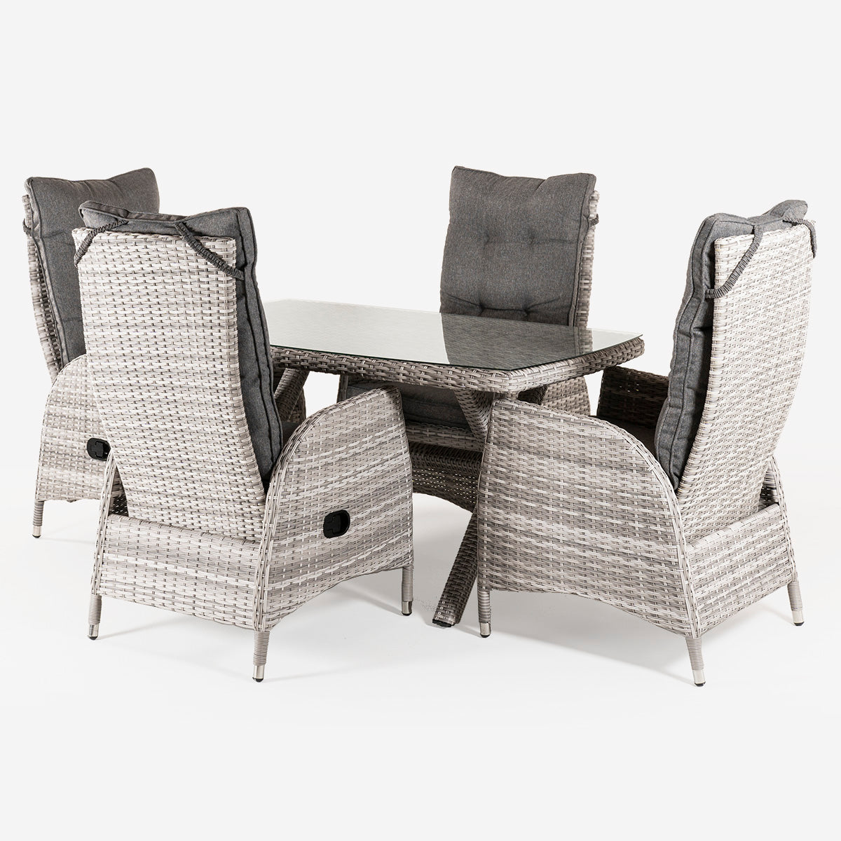 Conjunto Muebles Exterior, Mesa 140x80 Cm Y 4 Sillones Reclinables, Aluminio Y Rattán Sintético Plano Color Gris, 4 Plazas, Cristal Templado 5 Mm_2
