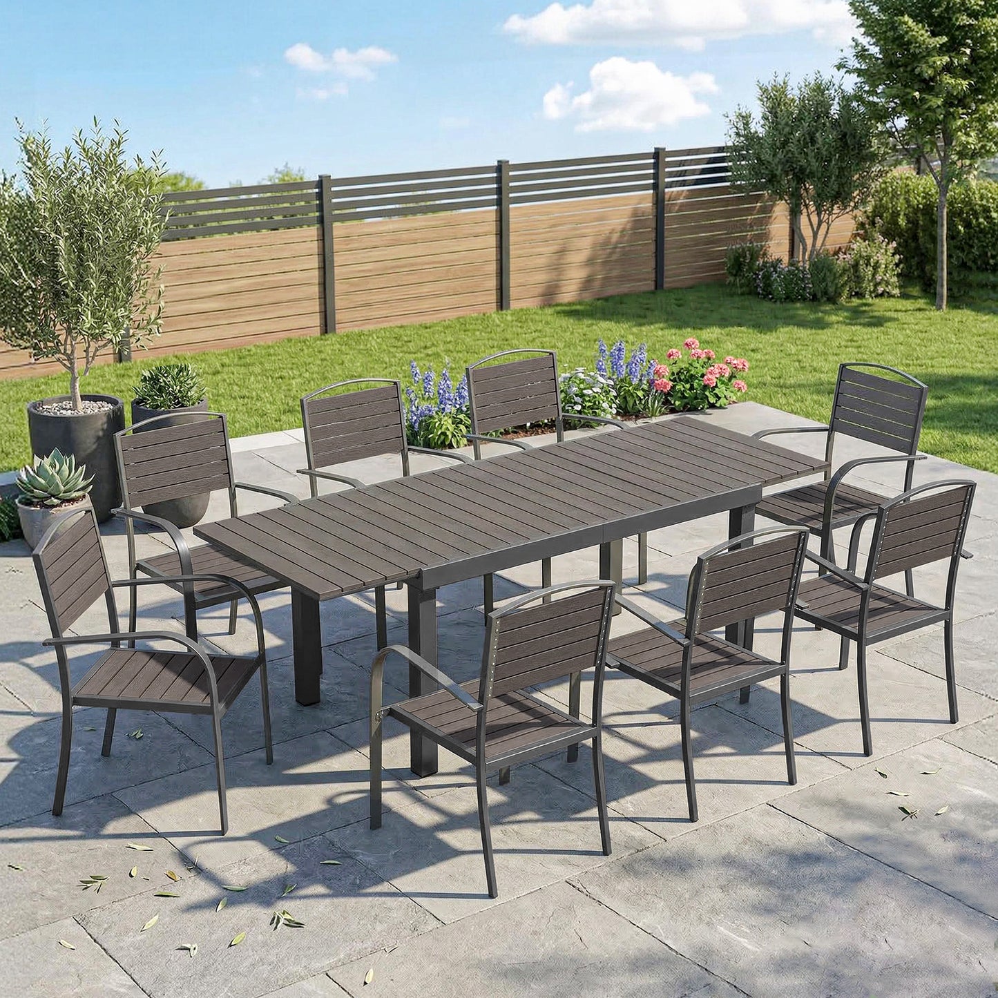 Outsunny Conjunto De Mesa Y Sillas Jardín Con 8 Sillas Y Mesa Extensible Gris_1