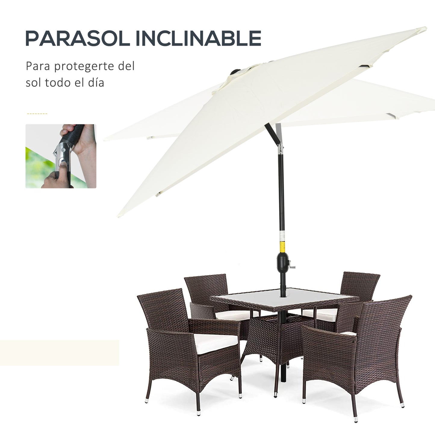 Outsunny Sombrilla Jardín Aluminio 200x300x253 Cm Inclinable Con Manivela Crema_3