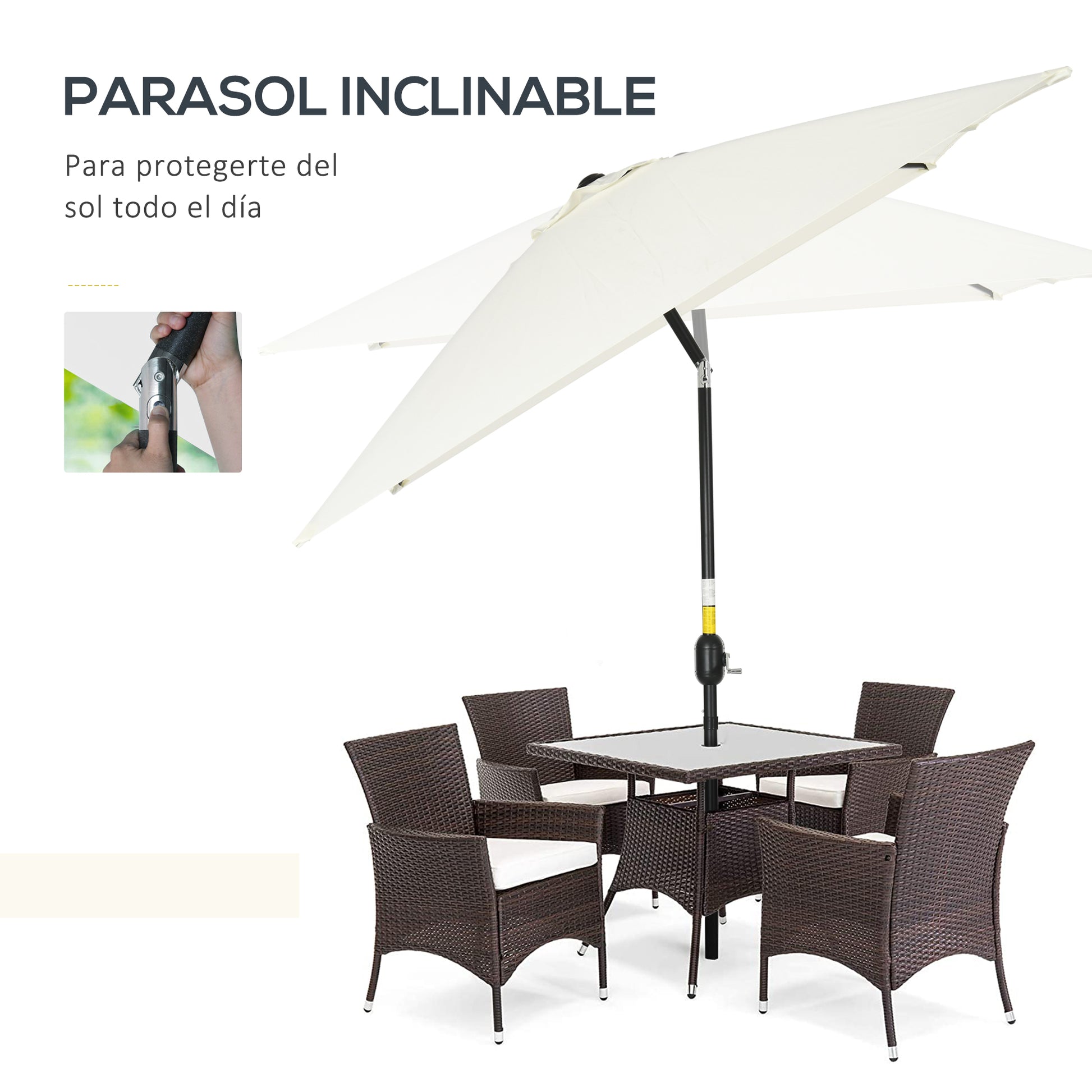 Outsunny Sombrilla Jardín Aluminio 200x300x253 Cm Inclinable Con Manivela Crema_3
