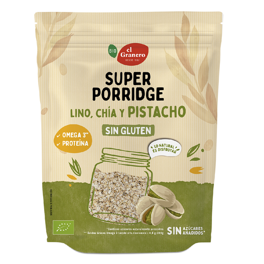Super Porridge Copos de Avena Sin Gluten con Pistacho, Lino y Chia BIO El Granero 350 g