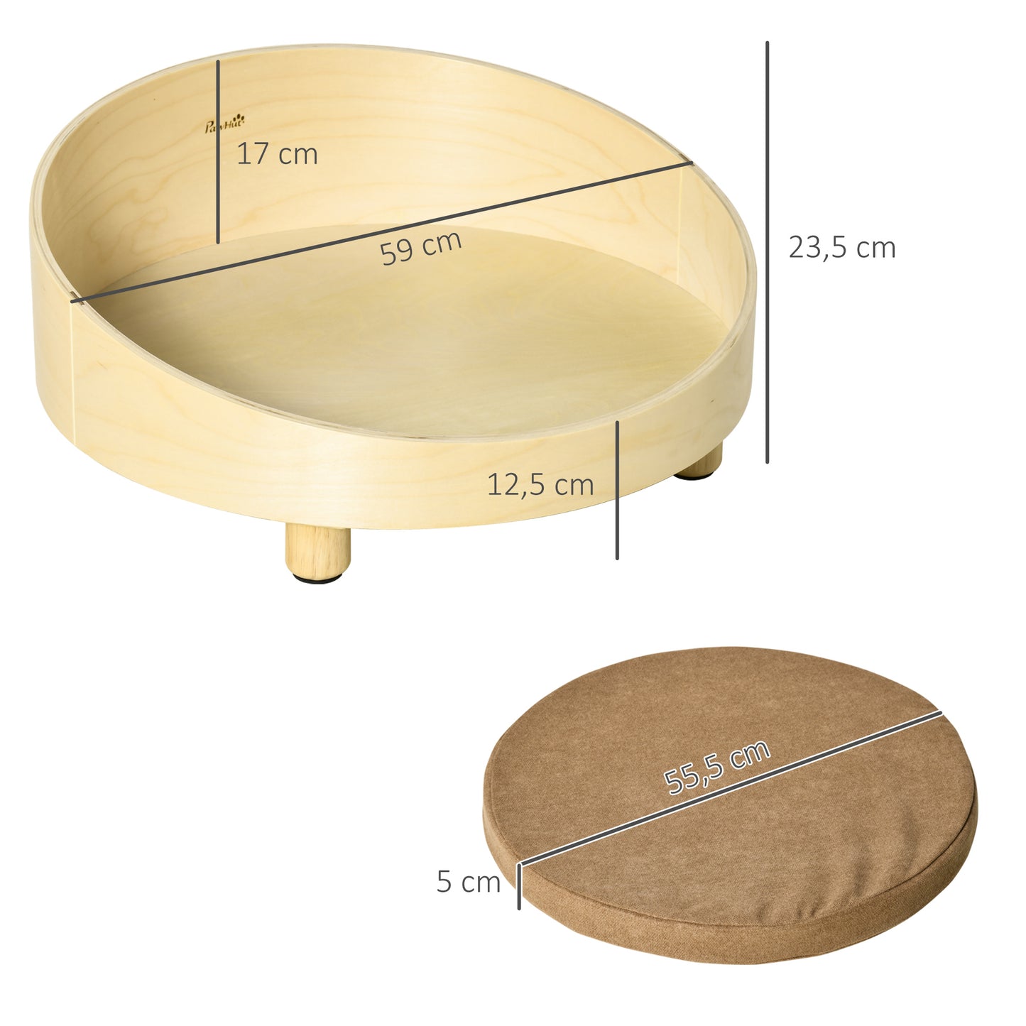 Pawhut Cama De Madera Para Perros Con Cojín Acolchado Patas Elevadas Ø59x23,5 Cm_2