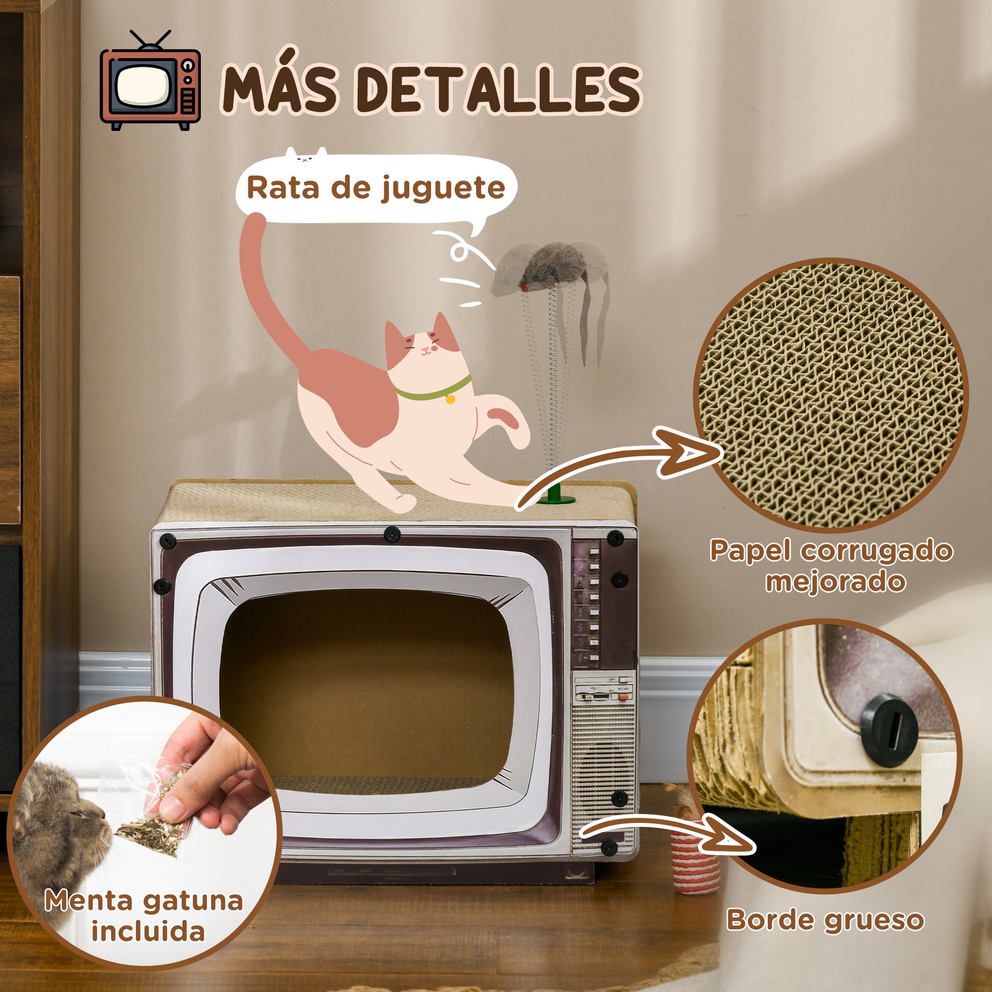 Pawhut Rascador De Cartón Para Gatos En Forma De Televisor 43x23x32,5 Cm Arena_4