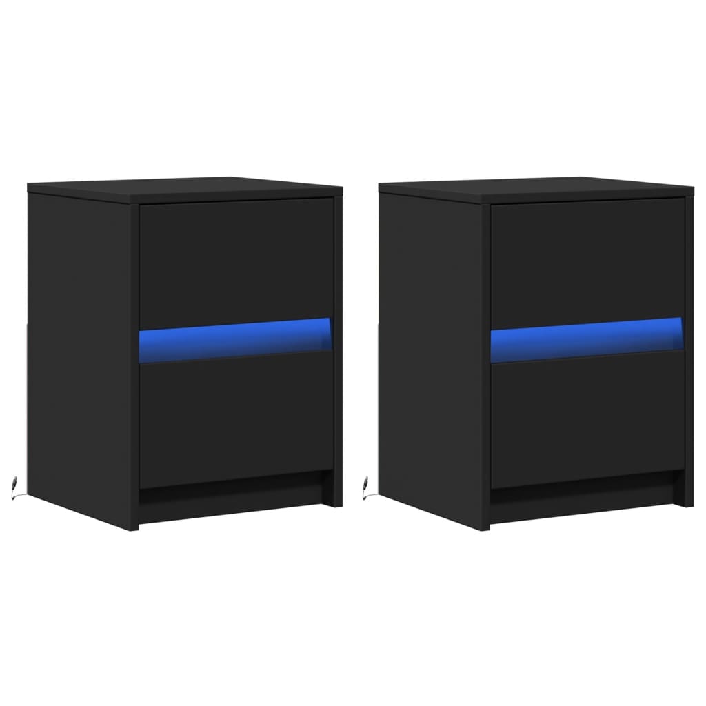 Mesitas De Noche Con Luces Led 2 Uds Madera Ingeniería Negra_1