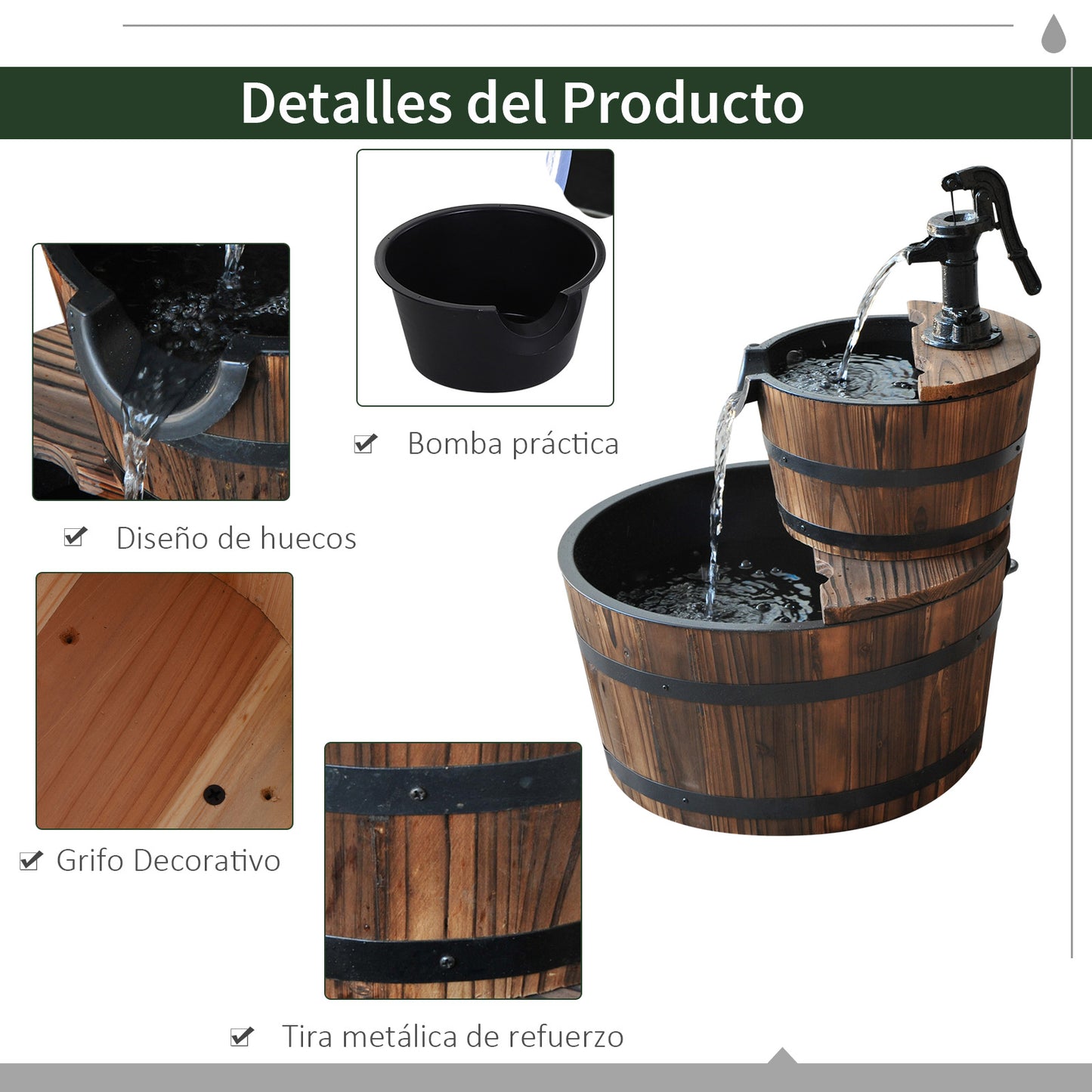 Outsunny Fuente De Agua De Madera En Cascada De 2 Niveles Con Bomba Eléctrica_4