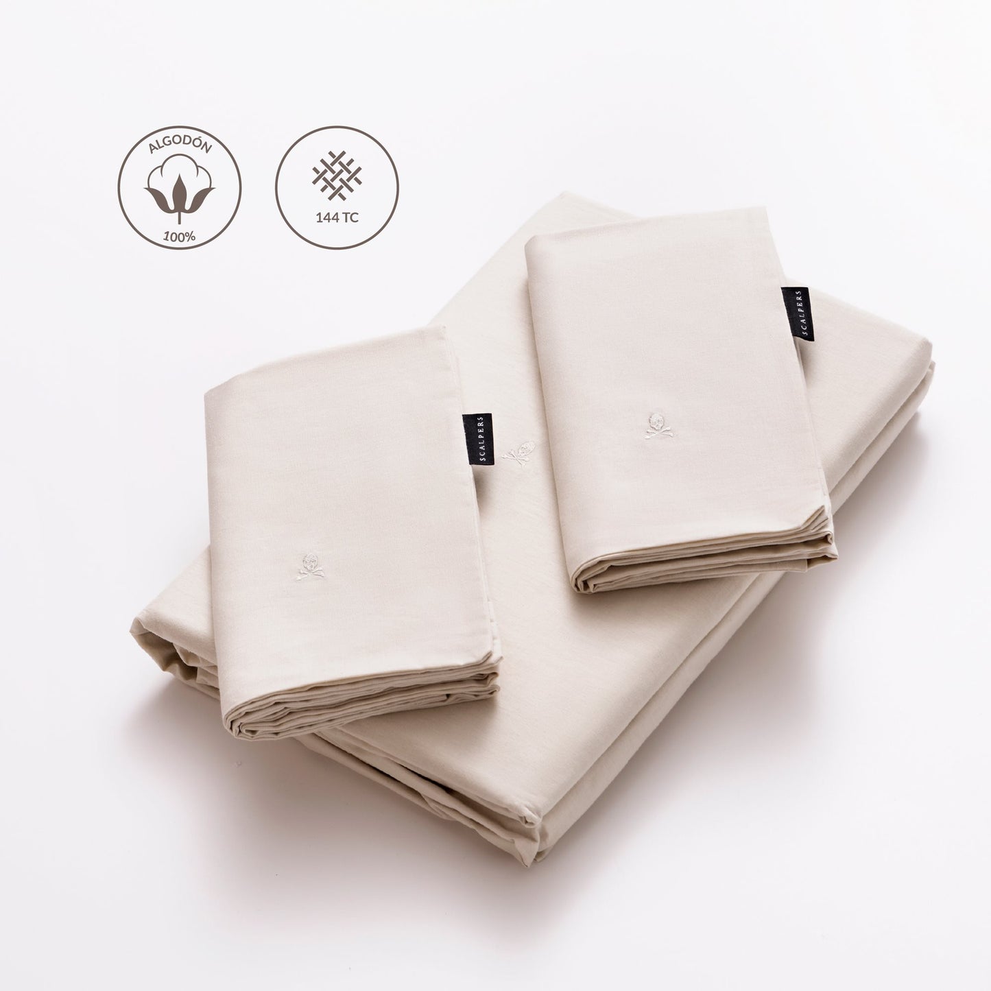 Set Cama 4pc (sábana Bajera 150x200+28cm + Sábana Encimera 230x270cm + 2 Fundas Almohada 50x85cm) 100% Algodón Beige Scalpers Home