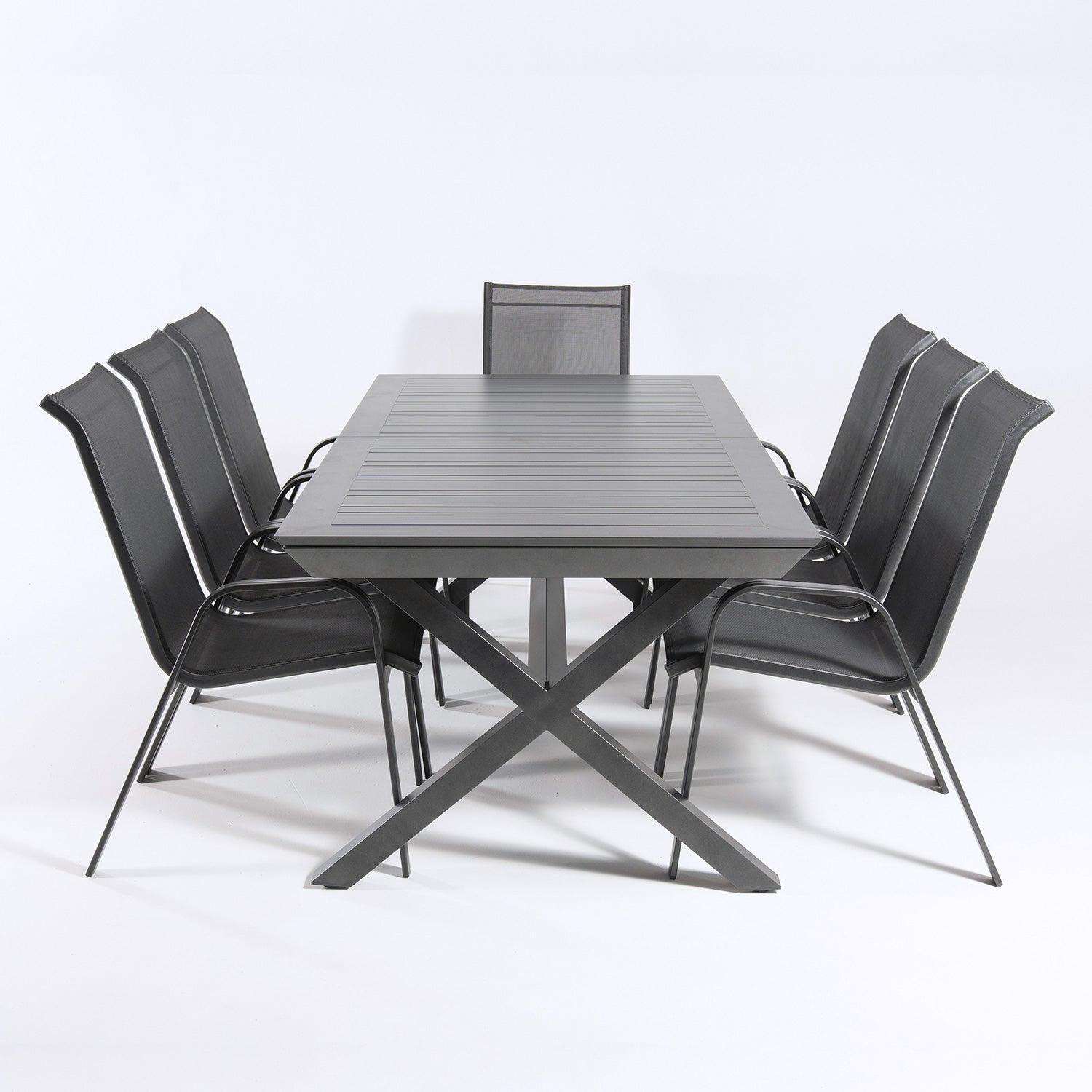 Conjunto De Exterior, Mesa Jardín Extensible 215/295 Cm Y 8 Sillones Apilables Con Respaldo De 98 Cm, Aluminio Color Antracita, 8 Plazas_3