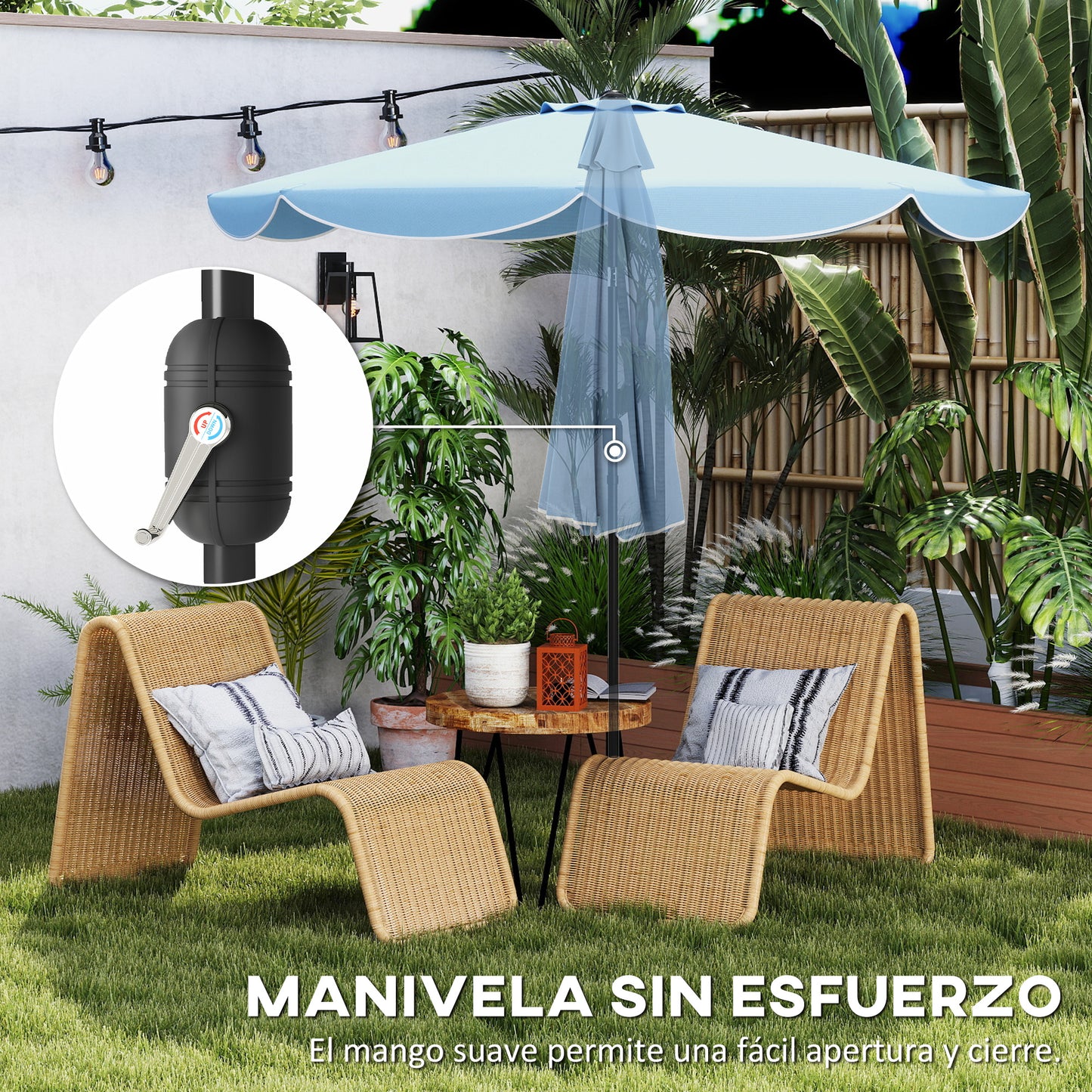 Outsunny Sombrilla Terraza Exterior Ø2,7 M Inclinación Y Volantes Azul Celeste_5