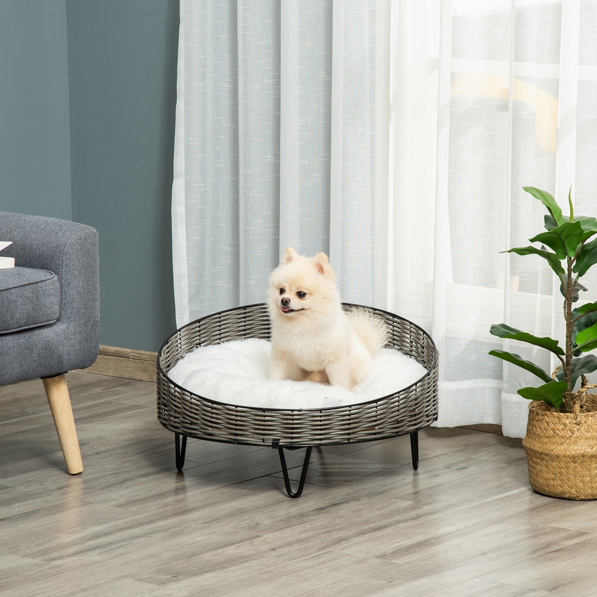 Pawhut Cama Para Perros De Mimbre Con Cojín Lavable Y Patas Elevadas Ø60x32 Cm_1