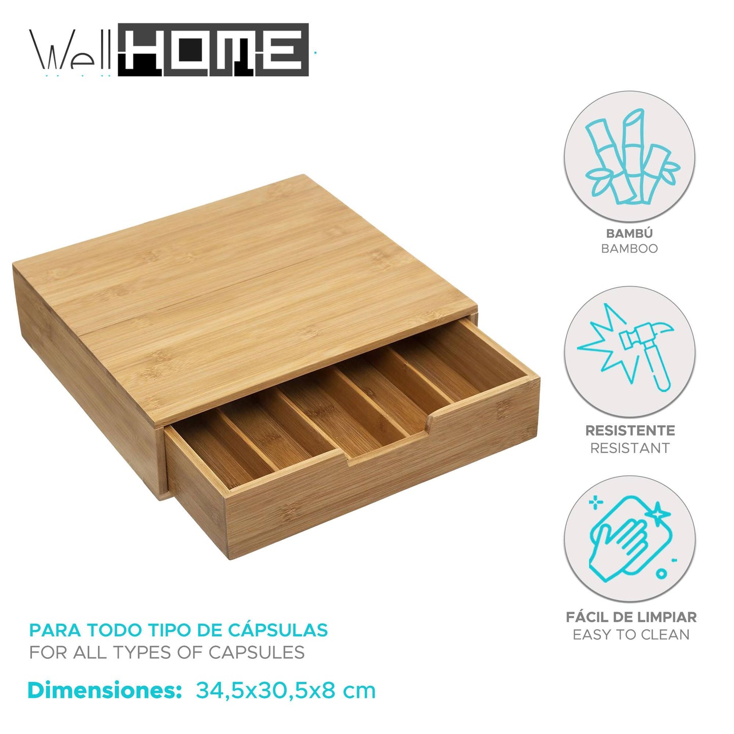 Well Home - Portacápsulas Con 1 Cajón En Bambú 34,5x30,5x8cm
