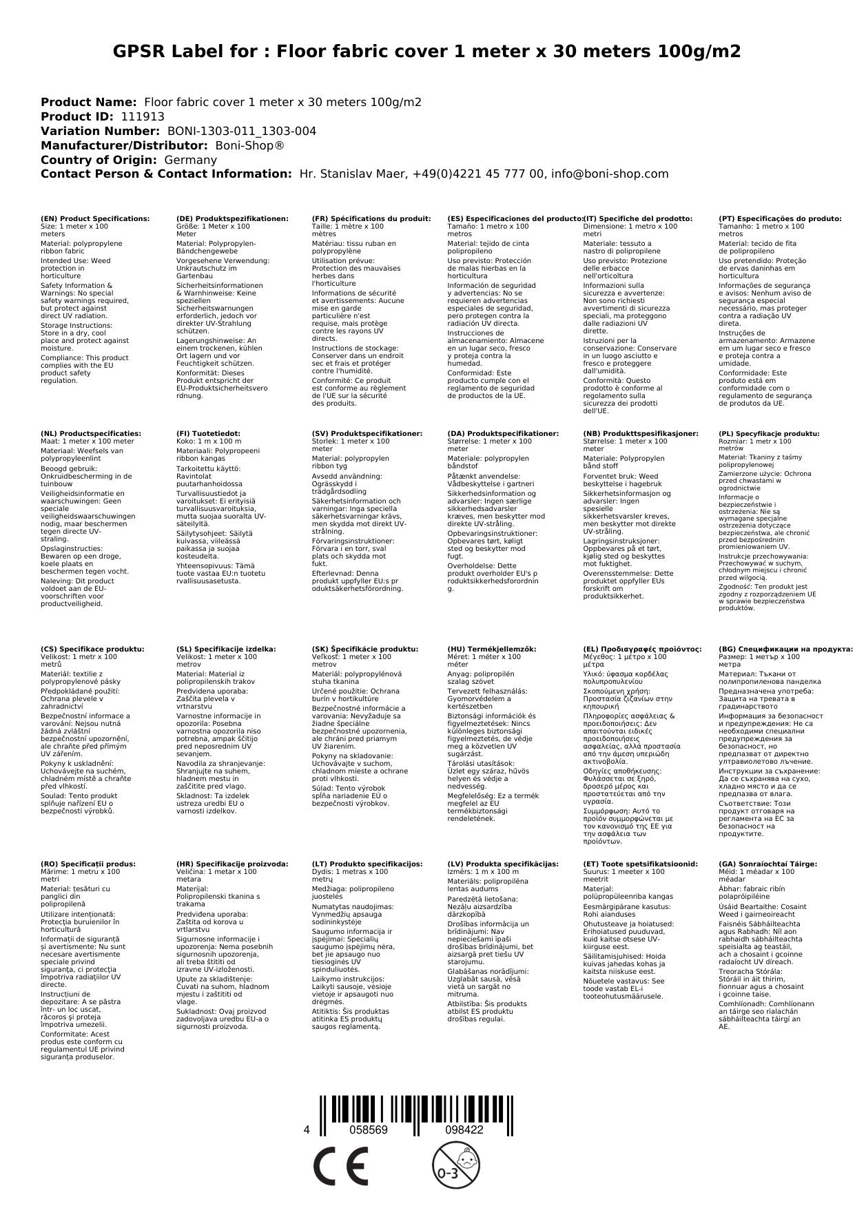 Malla Antihierbas 1x30m, 100g/m², Tela Para Jardín