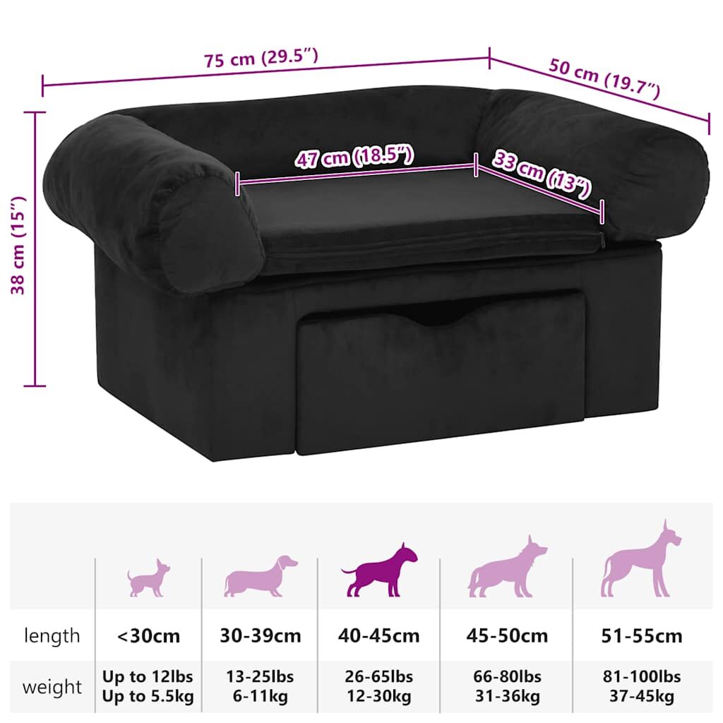Vidaxl Sofá Para Perros Con Cajón Felpa Negro 75x50x38 Cm_2