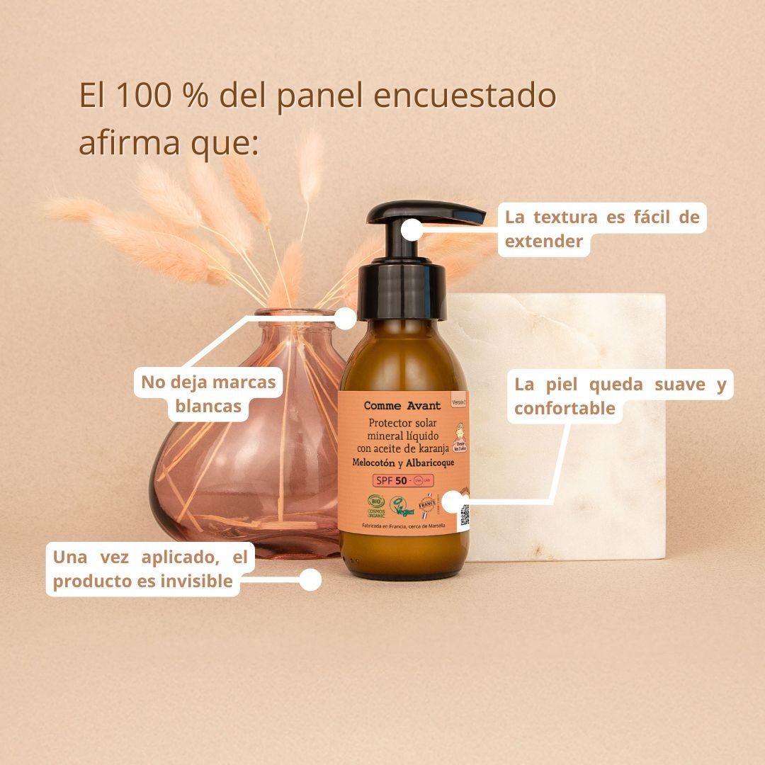 Protector solar mineral líquido SPF50 con aceite de karanja Vainilla Comme Avant 105 ml