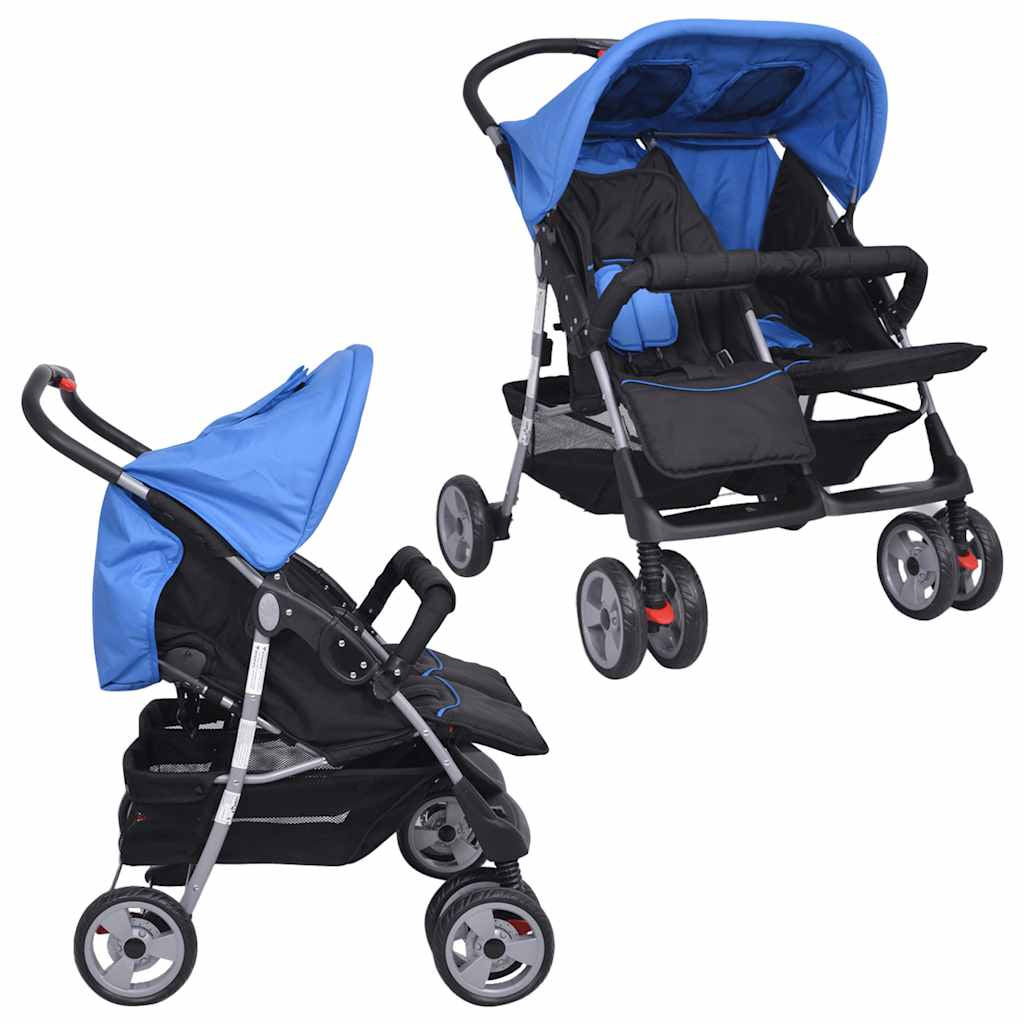 Vidaxl Cochecito Gemelar De Acero Azul Y Negro_1