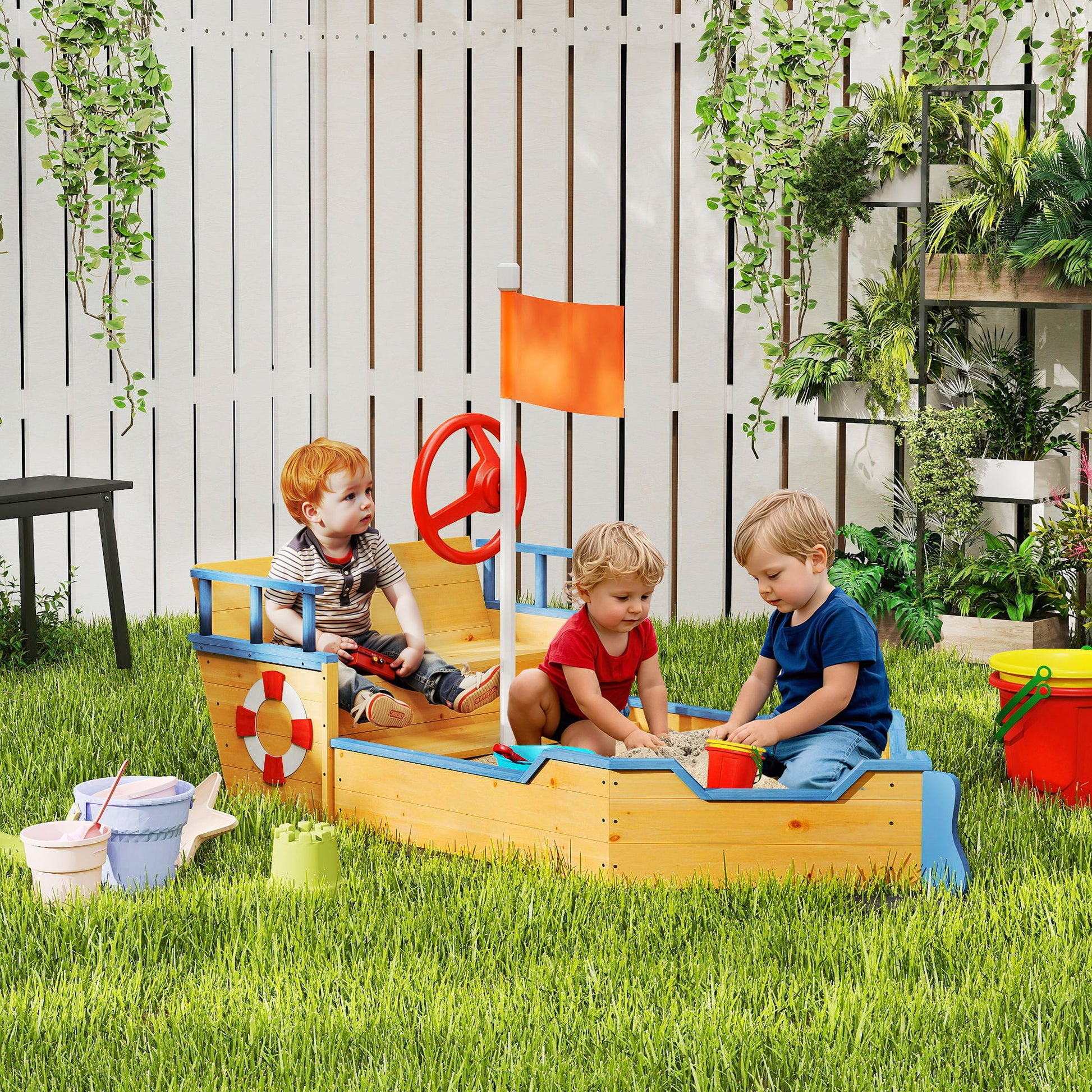 Outsunny Arenero Infantil Madera Diseño Galeón Con Banco Con Almacenaje +3 Años_1