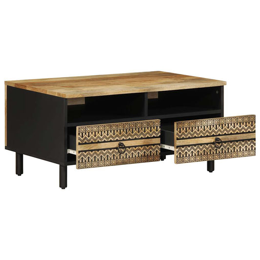 Mesa De Centro Madera Maciza De Mango Rugosa Negro 80x54x40 Cm_0