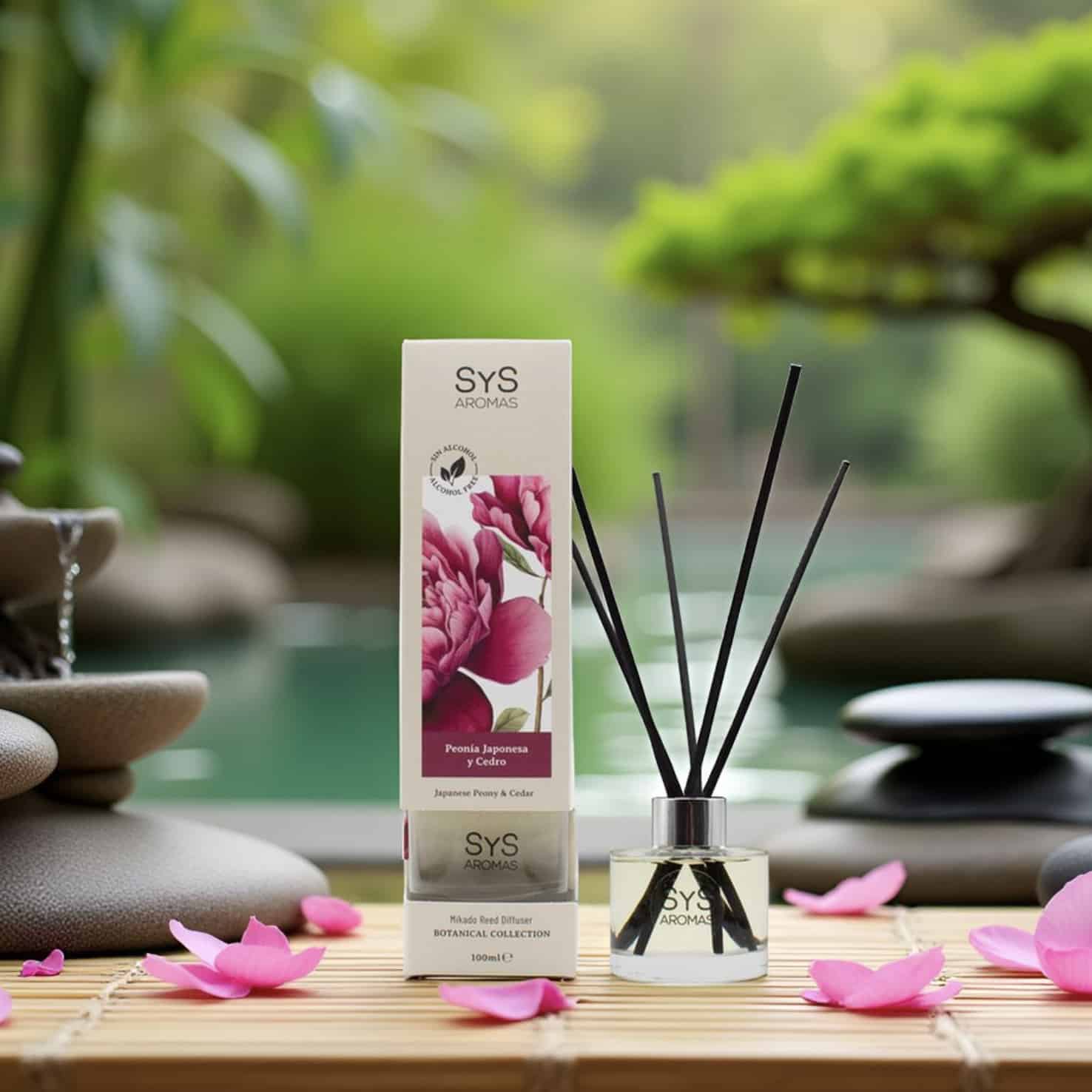 Sys Aromas Ambientador Mikado Peonía Japonesa y Cedro - Botanical - Sin Alcohol - Larga Duración - 100 Ml con 5 Varillas_0