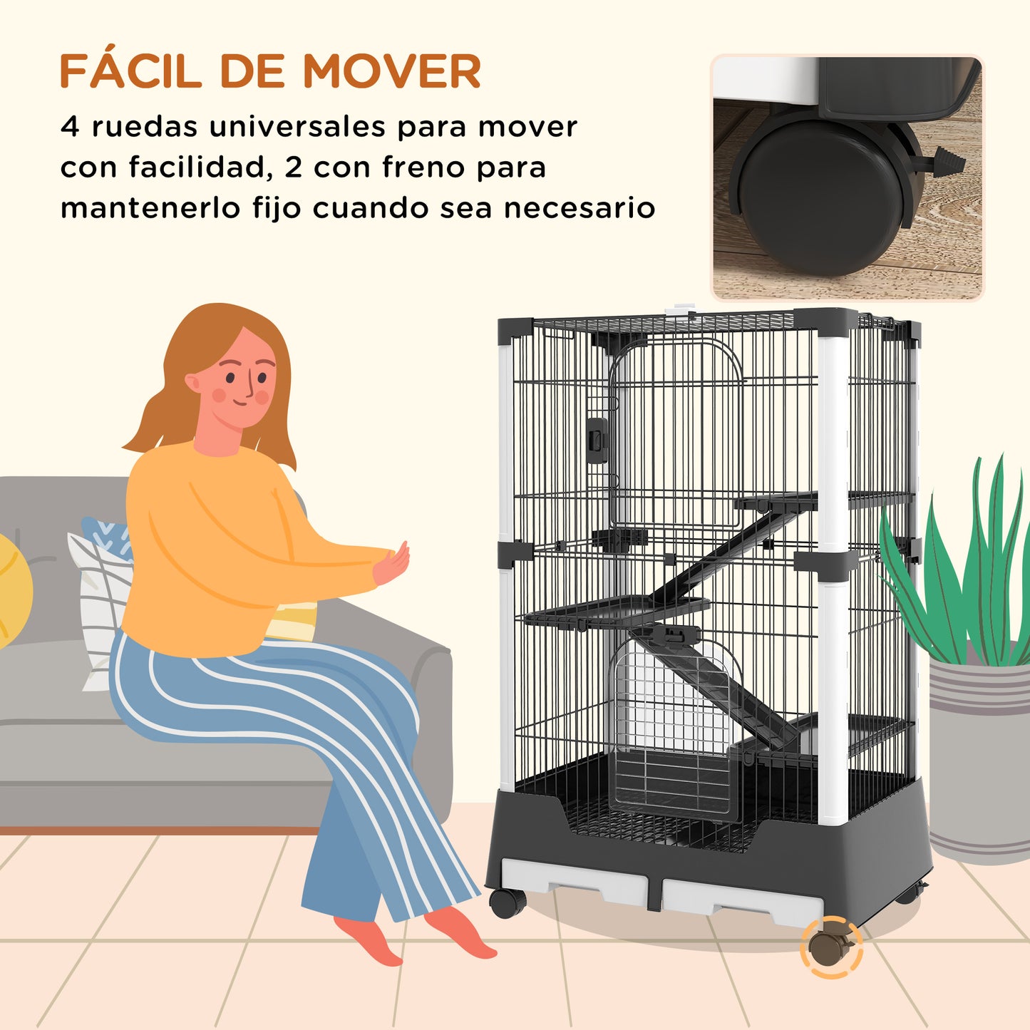 Pawhut Jaula Para Animales Pequeños Con Ruedas 114x75x50 Cm 3 Plataformas Negro_4