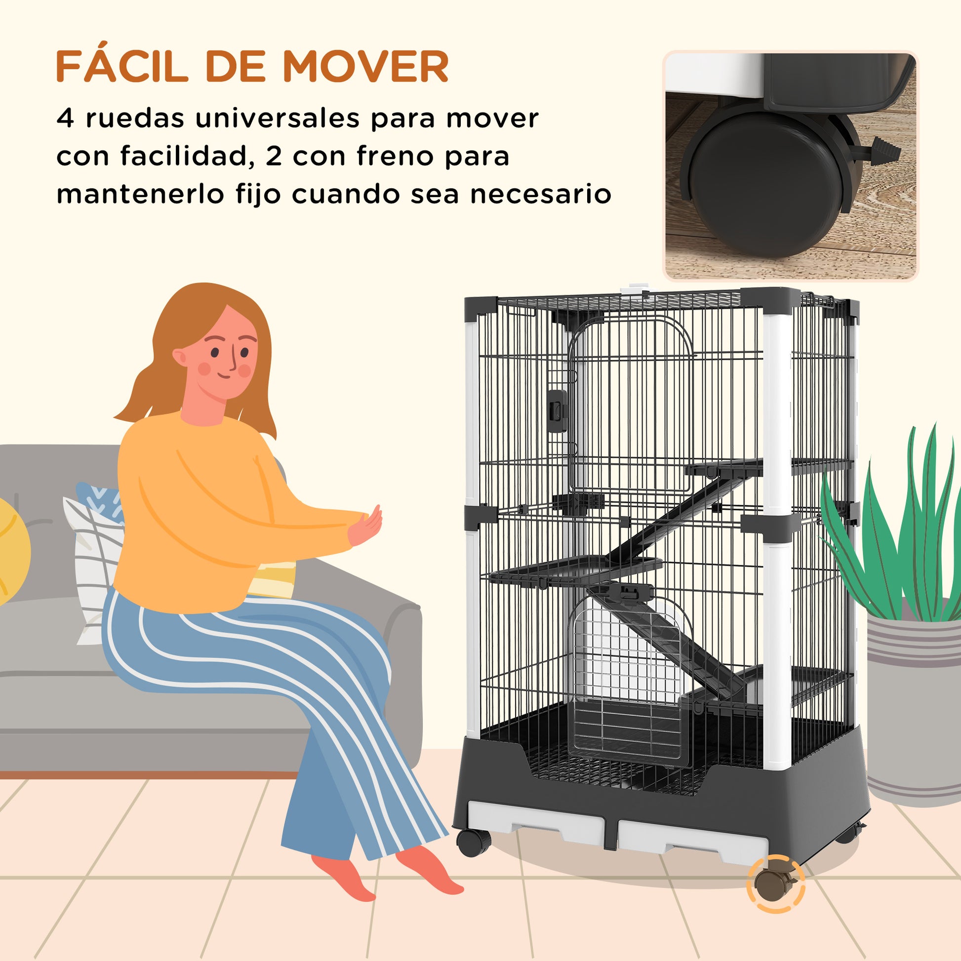 Pawhut Jaula Para Animales Pequeños Con Ruedas 114x75x50 Cm 3 Plataformas Negro_4