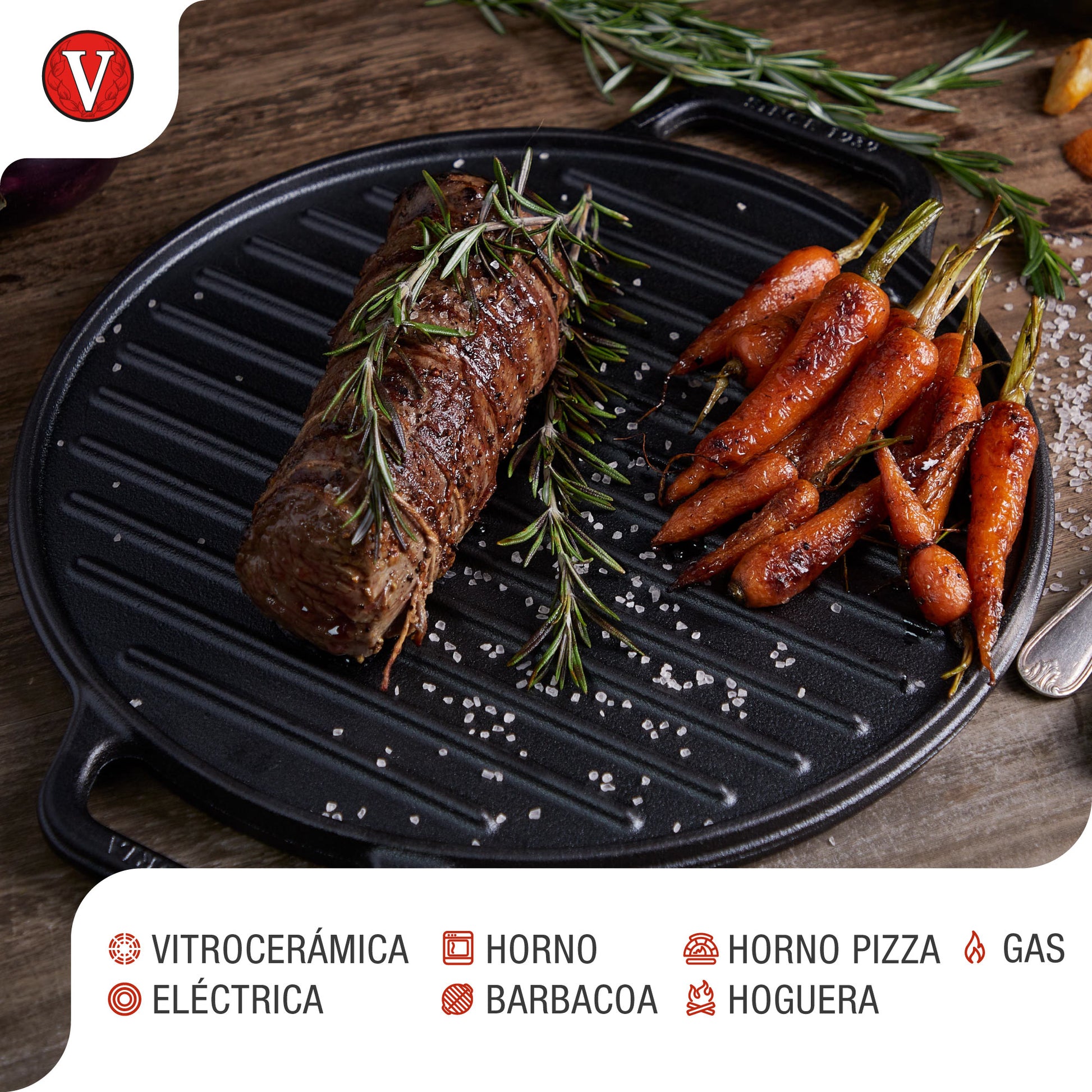 Victoria Plancha Cocina Hierro Fundido Esmaltado Parrilla Reversible 32cm, Fuego Barbacoa Sin Ptfe, 38007, Negro_3