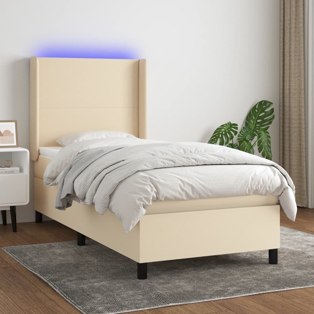 Cama Box Spring Colchón Y Luces Led Tela Color Crema 90x190 Cm / Vetonek_3