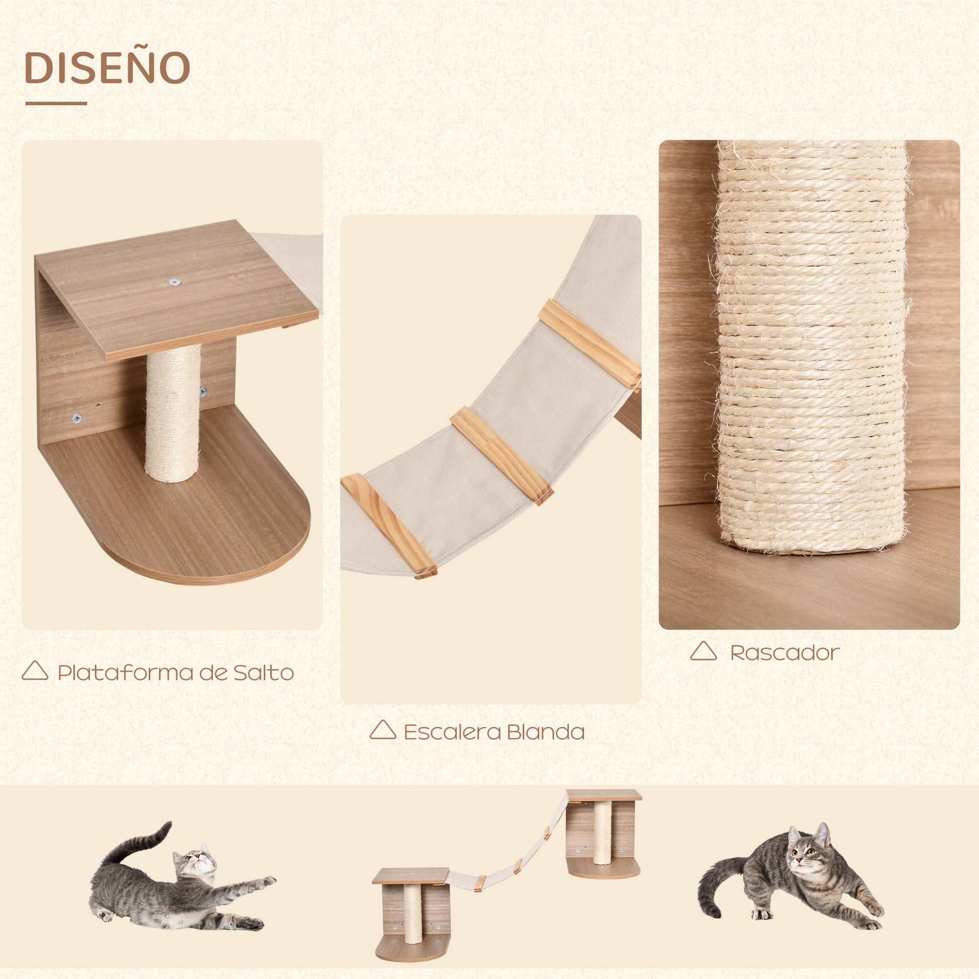 Pawhut Estantes De Pared Gatos Con Escalera Plataformas Postes Rascadores Sisal_3