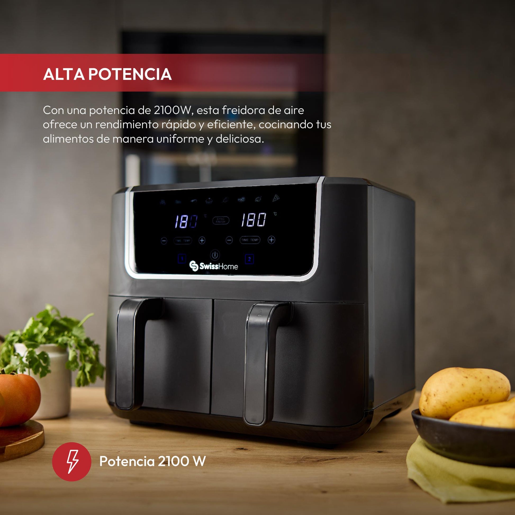 Freidora De Aire 2100w Swisshome Con 2 Ollas De 3l, 8 Funciones Y Pantalla Led_1