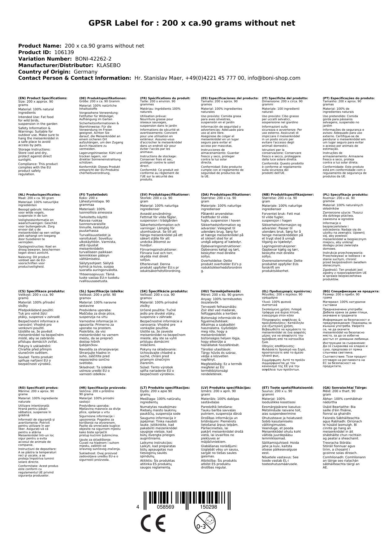 Comida Para Pájaros Silvestres 18 Kg, 200 X 90 G Sin Red, Alimento Para Aves