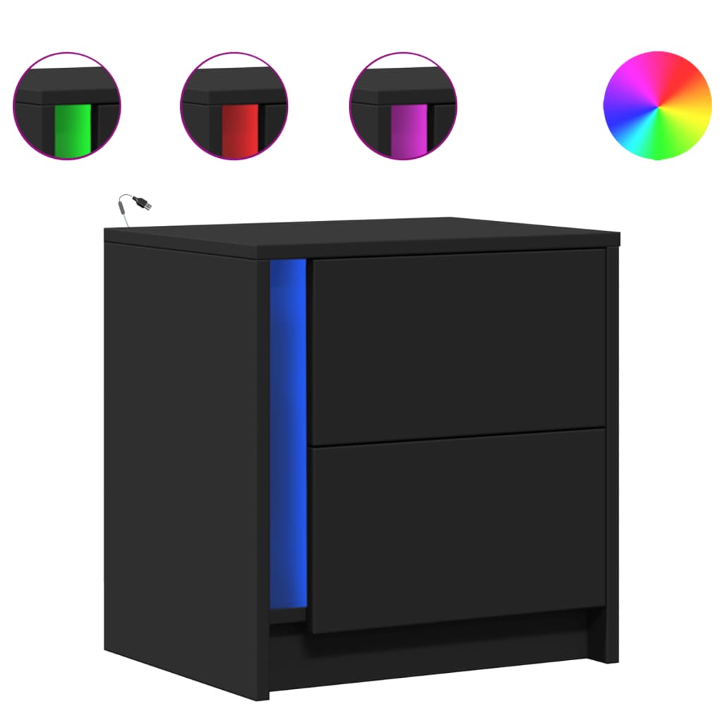 Mesita De Noche Con Luces Led Madera De Ingeniería Negra_0