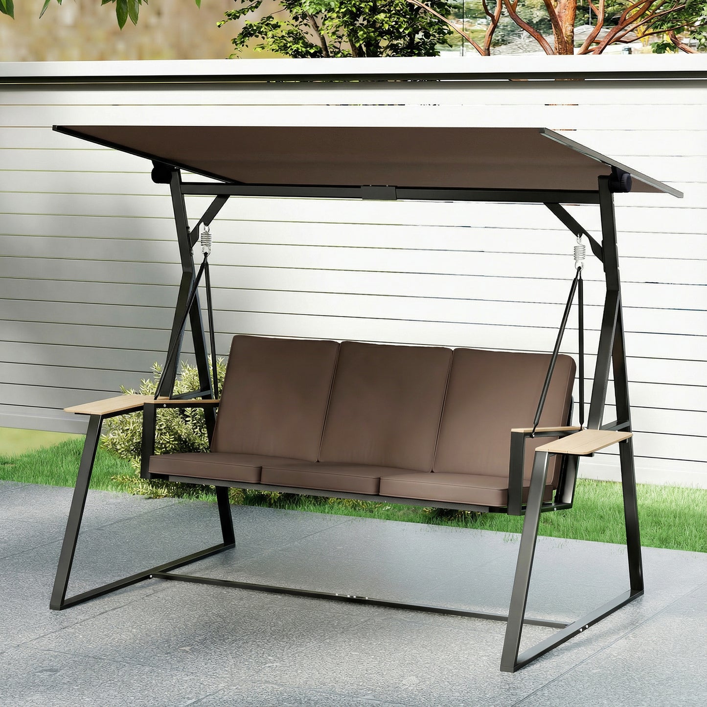 Outsunny Columpio De Jardín Exterior De 3 Plazas Con Techo Ajustable 2 Bandejas_4