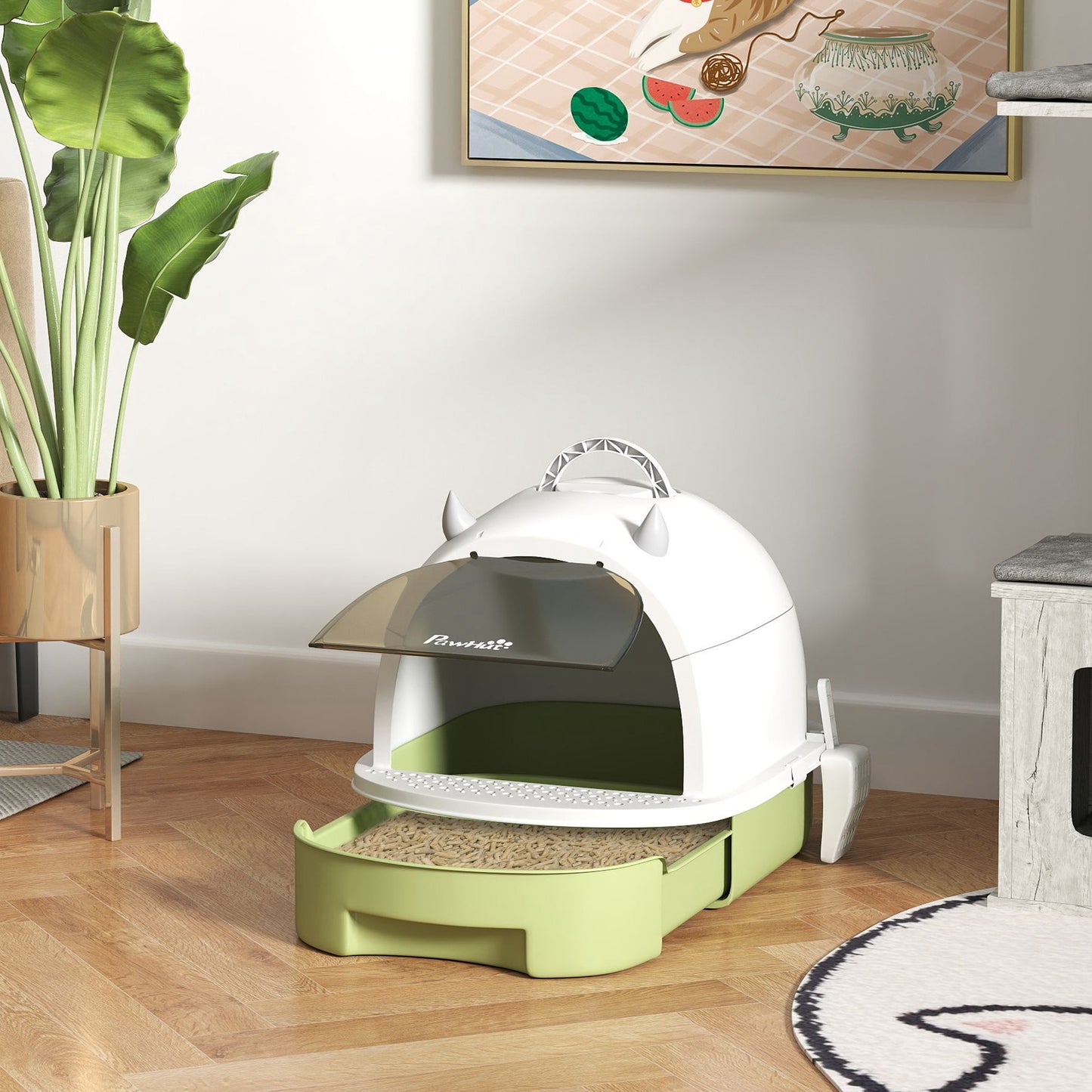 Pawhut Arenero Para Gatos Cubierto Con Bandeja Pala Y Asa Blanco Y Verde_1