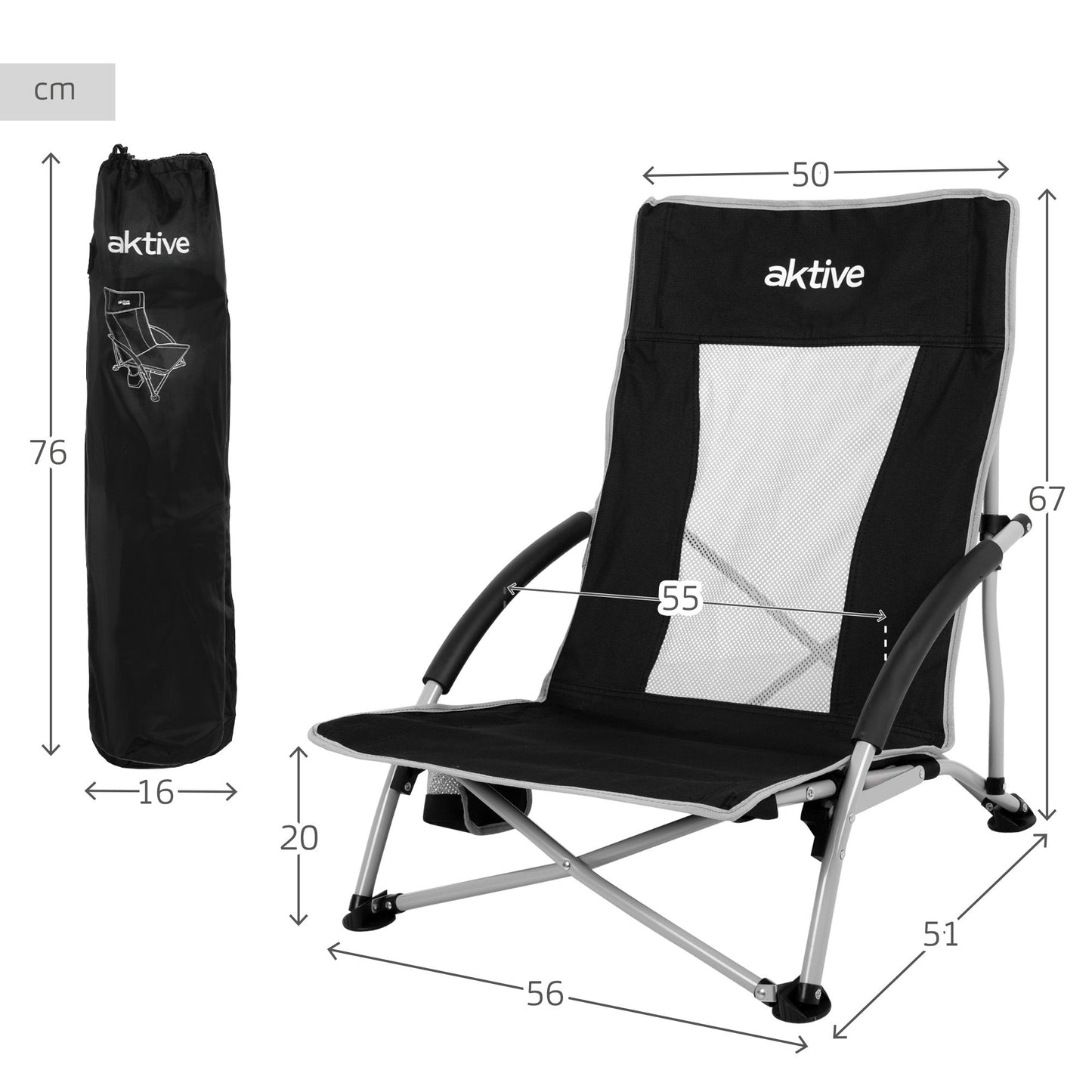 Pack 2 Sillas Plegables Camping Bajas Y Transpirables Negras C/posavasos Aktive_3