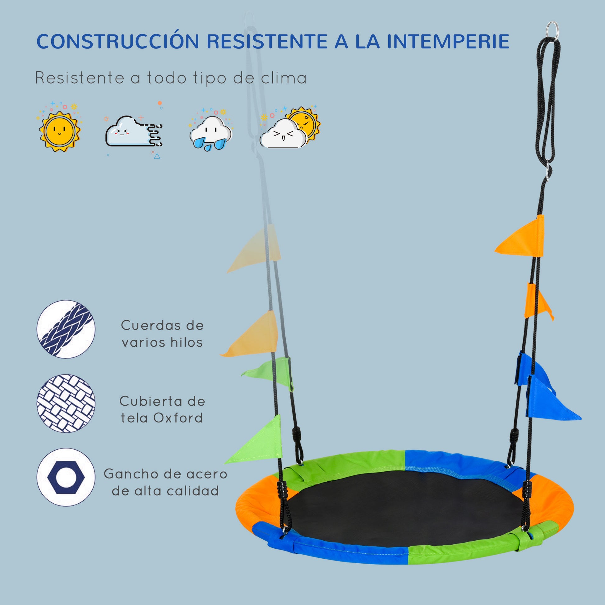 Outsunny Columpio De Jardín Nido Ajustable Con Cuerdas Y Banderas Para Niños_5