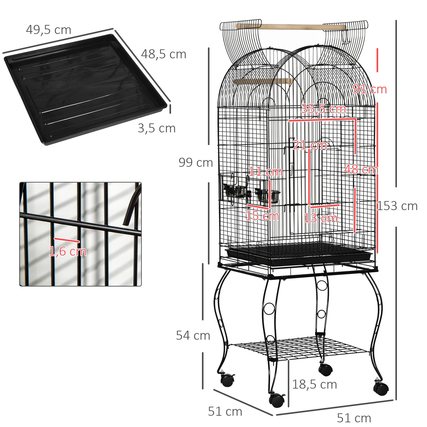 Pawhut Jaula Para Pájaros Con Soporte Con Ruedas Bandeja Extraíble Y 2 Comederos_2