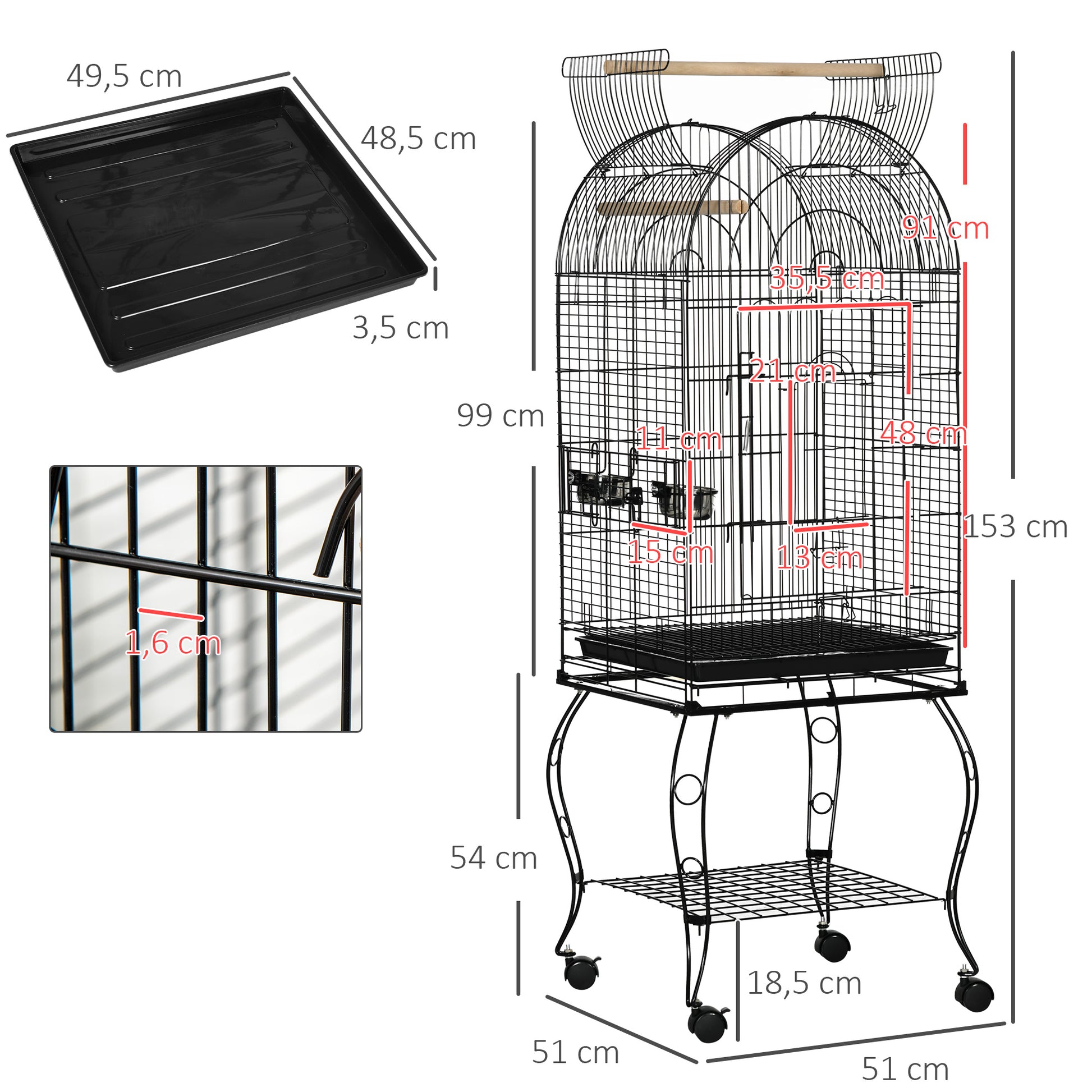 Pawhut Jaula Para Pájaros Con Soporte Con Ruedas Bandeja Extraíble Y 2 Comederos_2