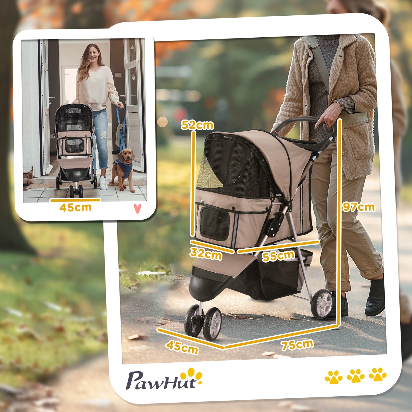 Pawhut Carrito Para Perros Plegable Con Cesta De Almacenaje 75x45x97 Cm Café_2