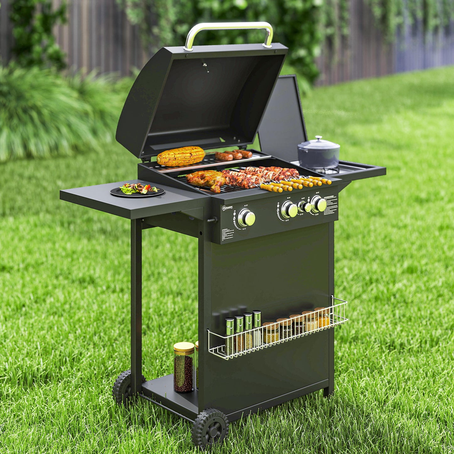 Outsunny Barbacoa De Gas Con 3+1 Quemadores 8,5 Kw Termómetro Mesa Lateral Negro_1
