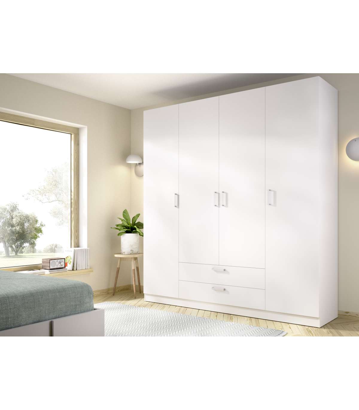 Armario 4 Puertas Abatibles 2 Cajones Acabado Blanco, 216.5cm(alto) 201cm(ancho) 52cm(fond_1
