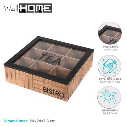 Well Home Caja De Té De 9 Compartimentos Con Tapa De Vidrio Color Negro