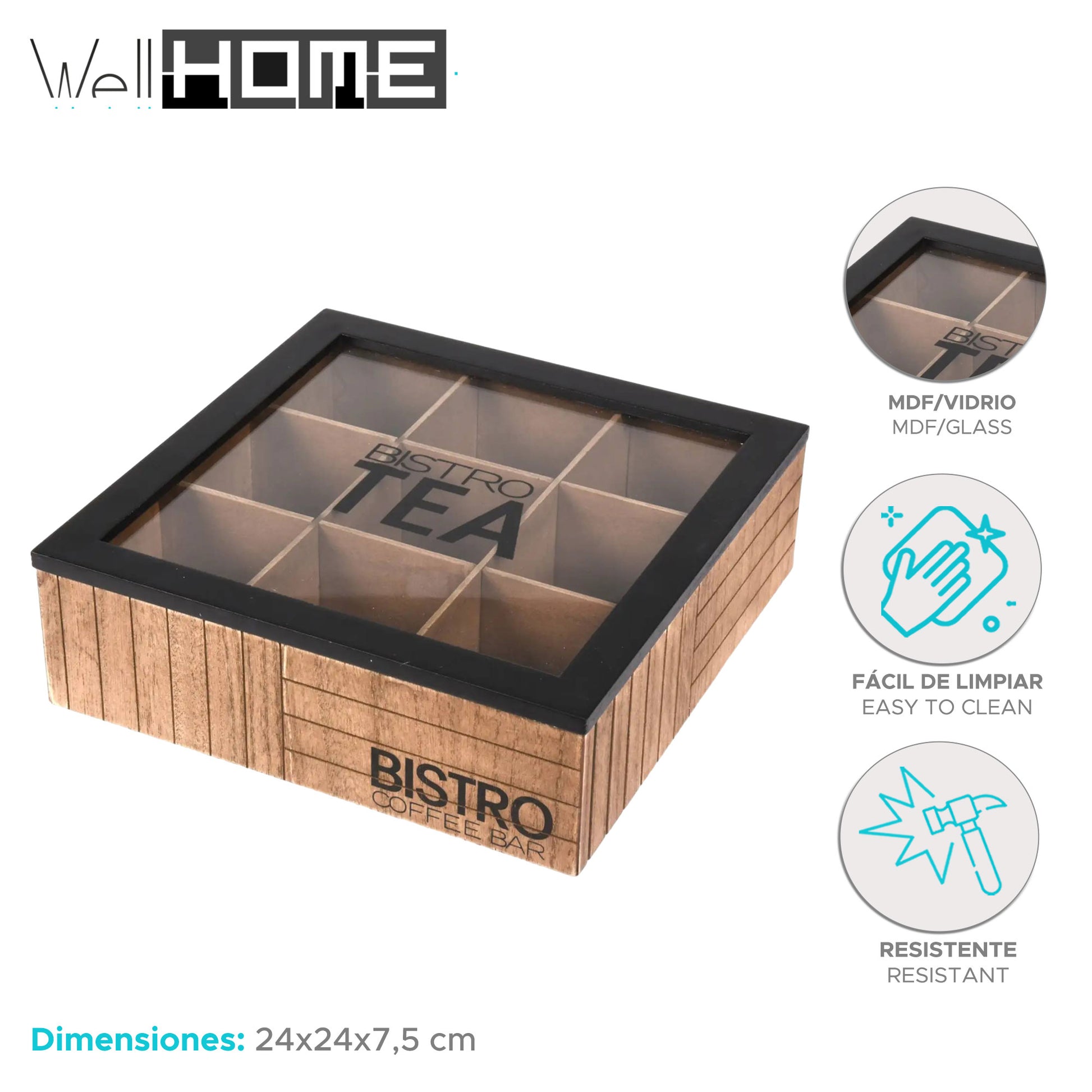 Well Home Caja De Té De 9 Compartimentos Con Tapa De Vidrio Color Negro_1
